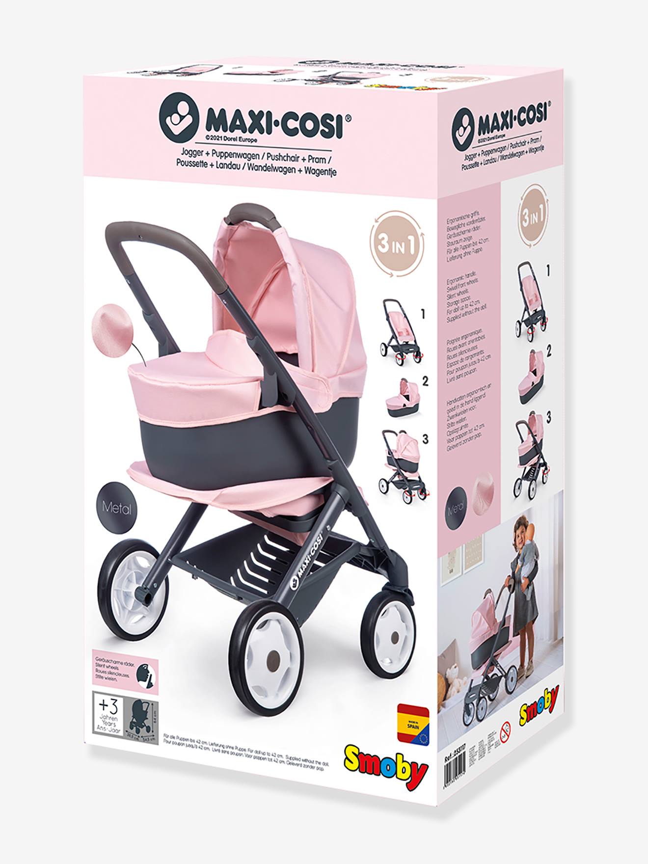 Smoby Puppenkinderwagen, 3-in-1-Kombi-Kinderwagen Maxi Cosi SMOBY - rosa