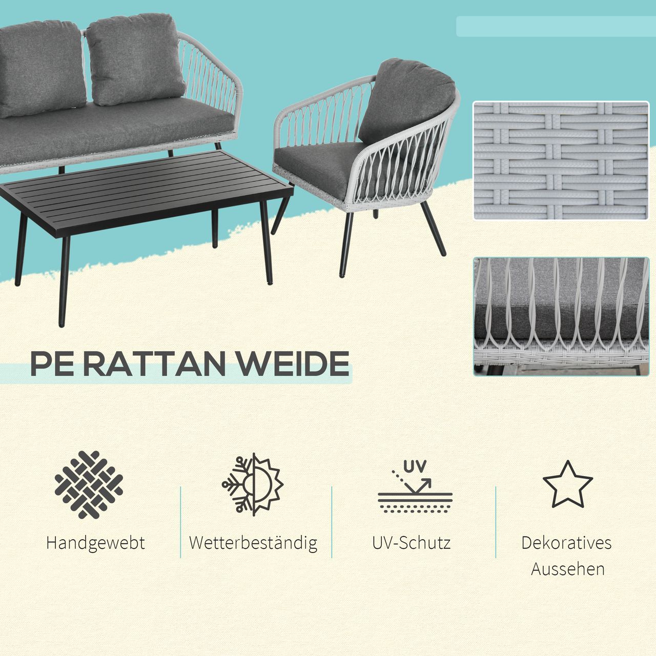 Outsunny Polyrattan Gartenmöbel Set 4-teiliges Rattensofa-Set Sitzgruppe Sitzgarnitur für Pause Lounge Teetisch mit Sofa Kissen Aluminium Grau
