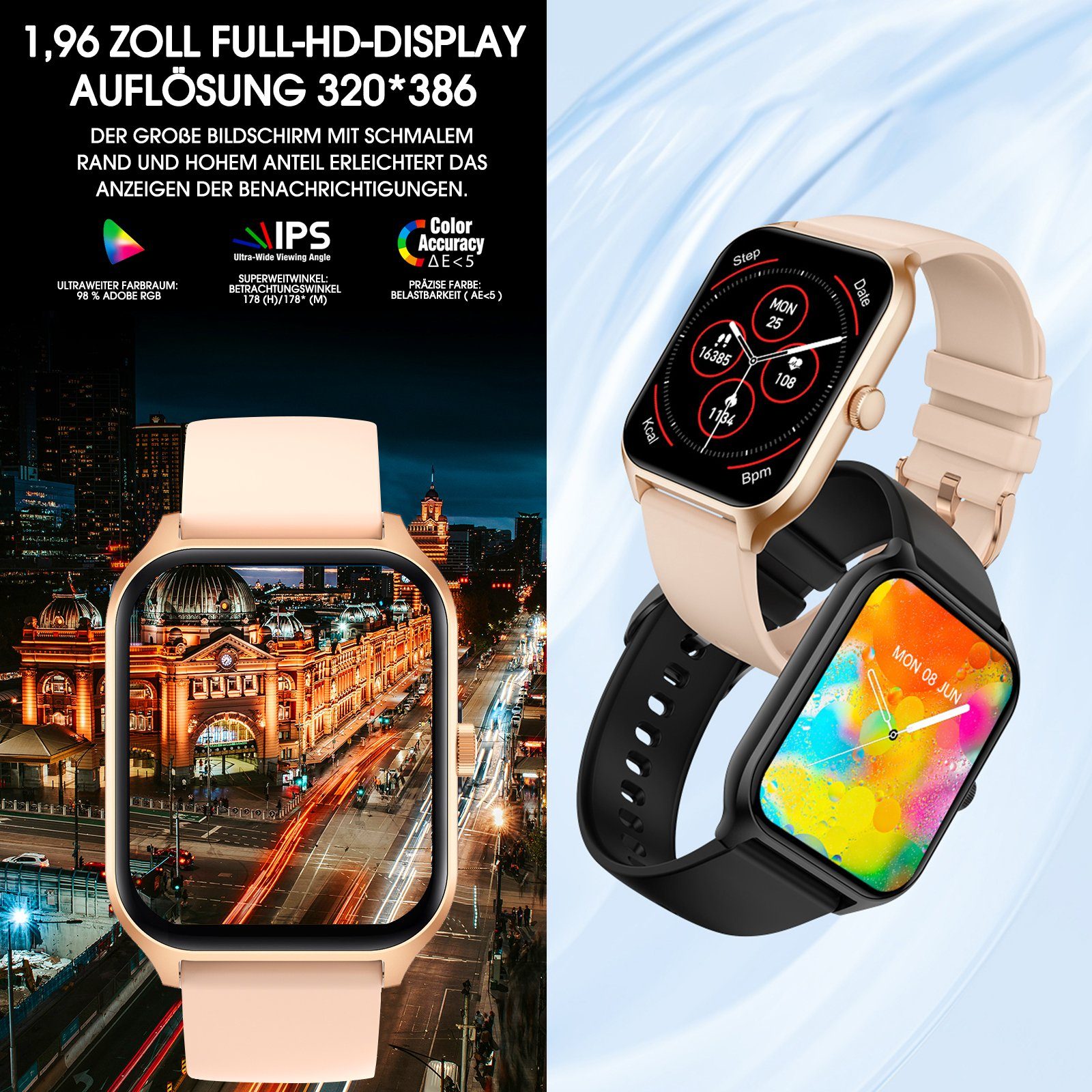 Yuede Smartwatch, Fitness Tracker uhr mit Anruffunktion für Damen und Herren Smartwatch (Quadratischer 1,96-Zoll-HD-Full-Touch-Farbdisplay Zoll) Gesundheits-Uhren mit Blutsauerstoff, Blutdruckmessung, Herzfrequenz, Schlafqualität, Schrittzähler, AI V