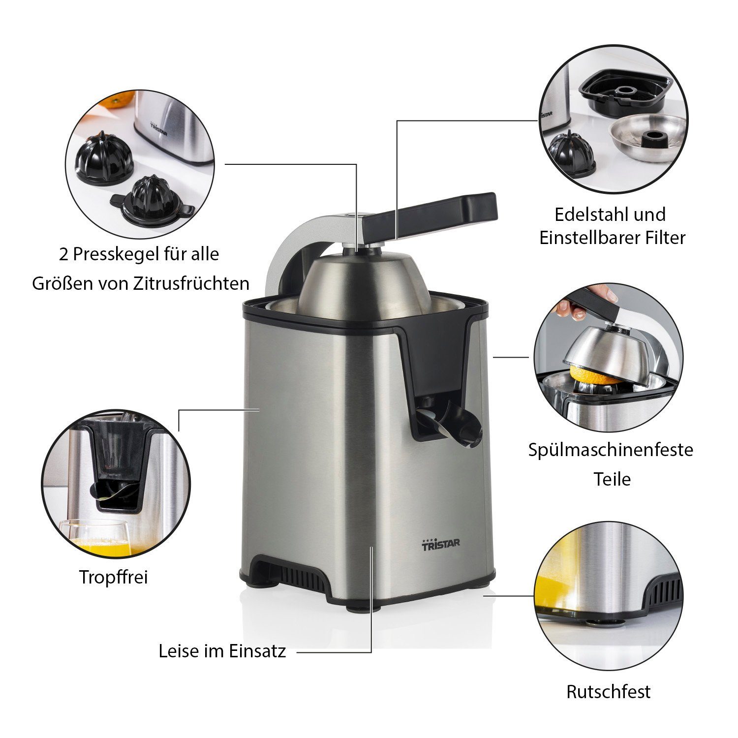 Tristar Zitruspresse CP-3009, 350 W, 350 Watt mit 2 Presskegeln