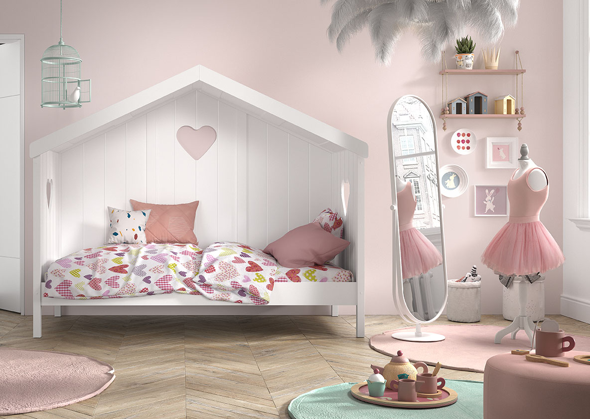 VIPACK Hausbett Amori mit Rückwand, Liegefläche 90 x 200 cm, inkl. Rolllattenrost, Ausf. Kiefer und MDF weiß lackiert
