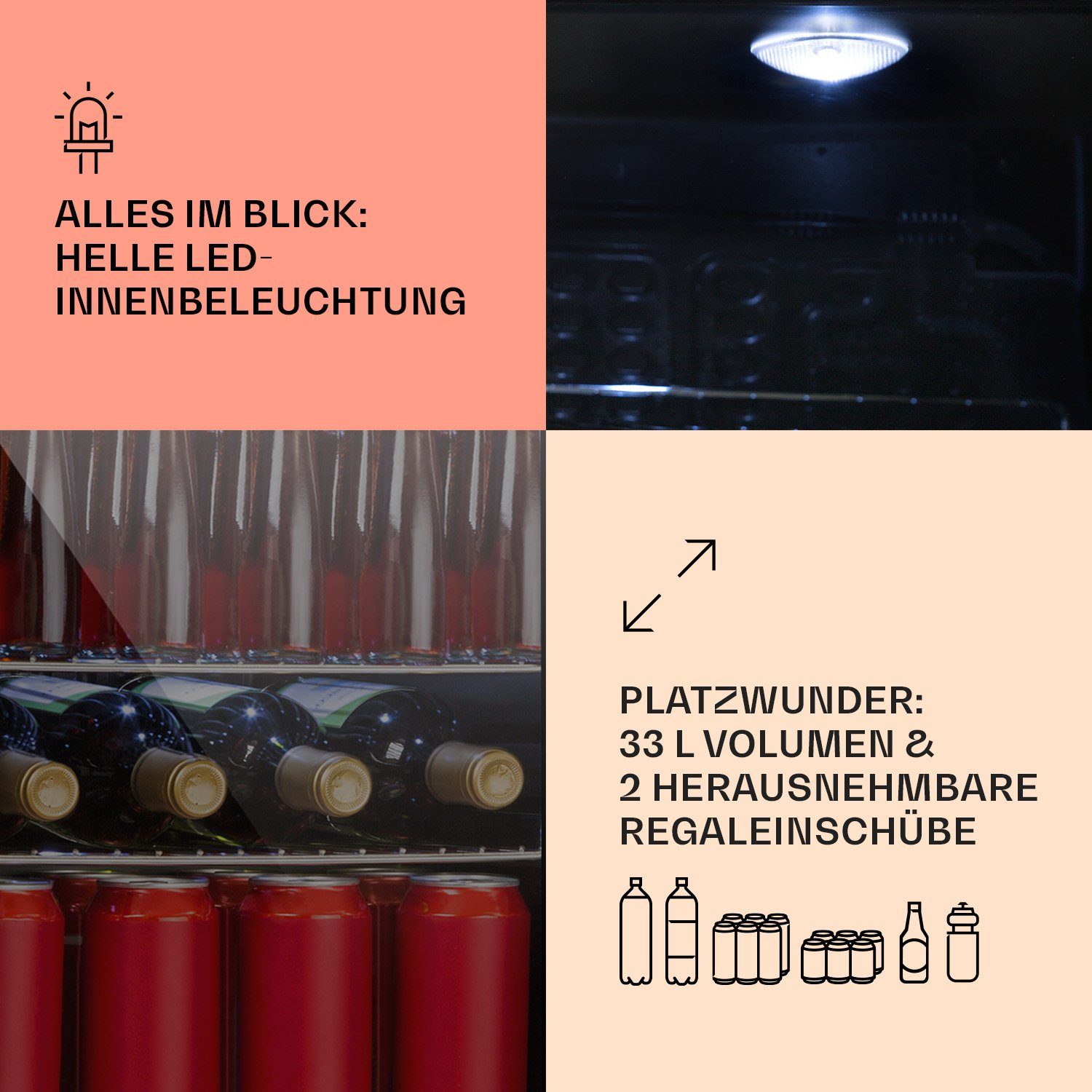 Klarstein Getränkekühlschrank HEA-Beersafe-M-OX 10034847A, 54 cm hoch, 40.5 cm breit, Mini Kühlschrank ohne Gefrierfach klein Getränkekühlschrank Glastür