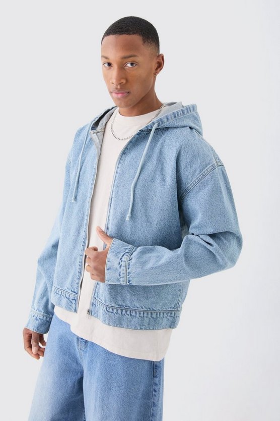 Kastiger Denim-Hoodie mit Reißverschluss