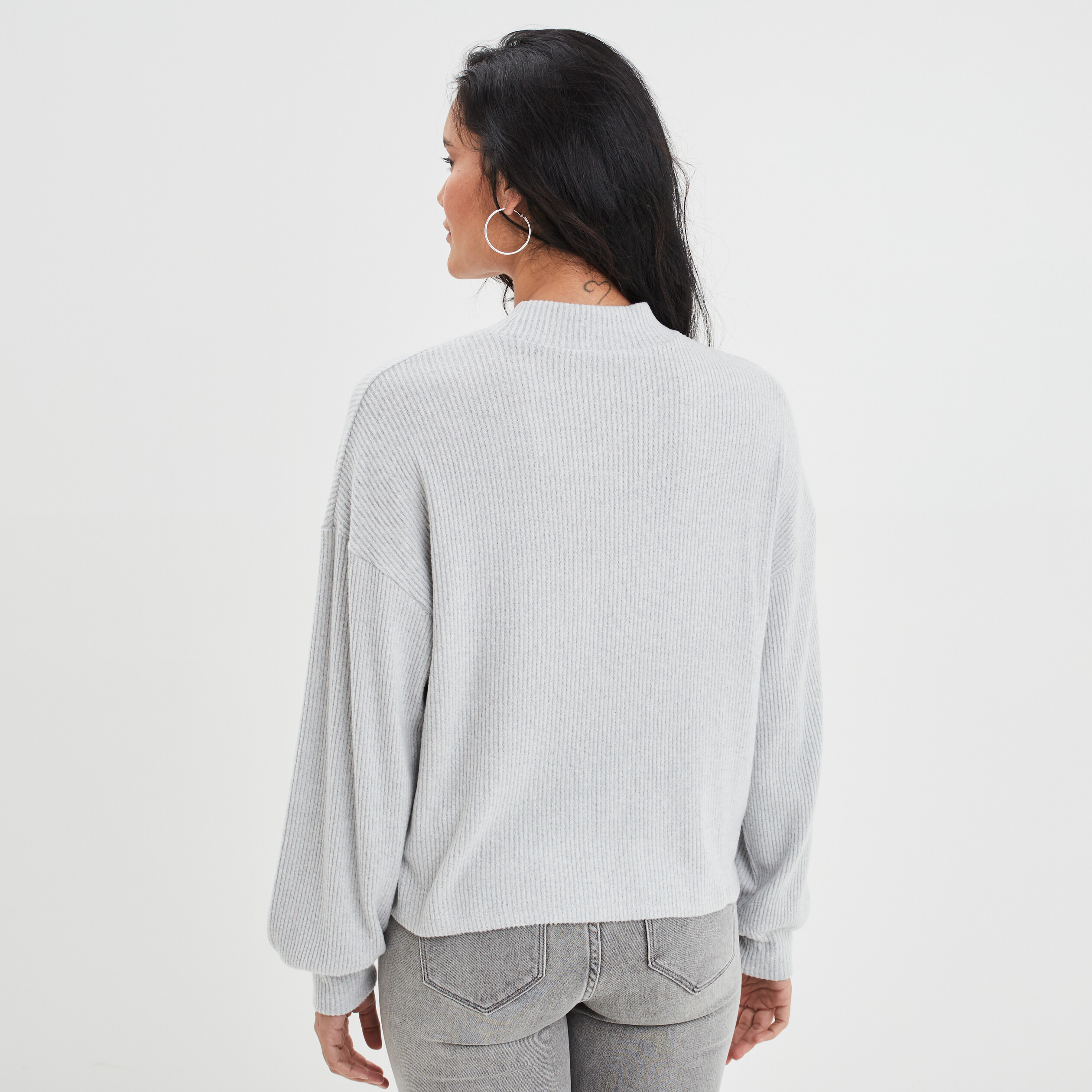 T-shirt manches bouffantes côtelé gris clair femme | La Halle