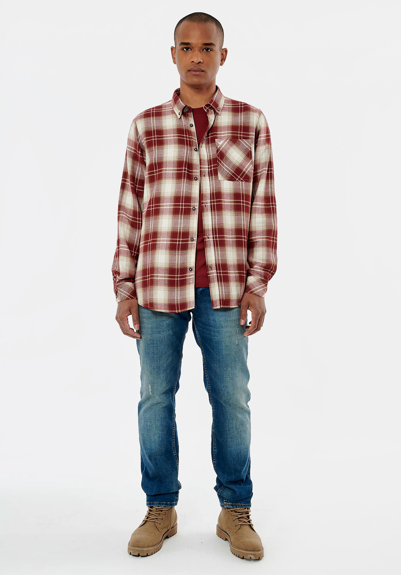 CASEY  Chemise à carreaux bordeaux homme