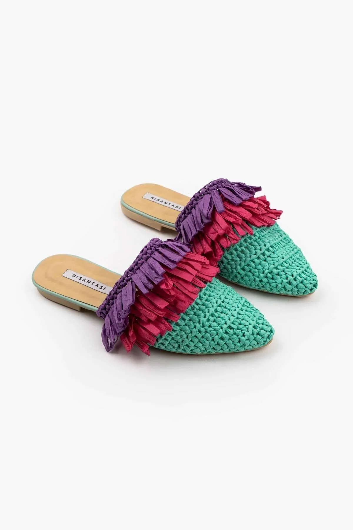 NİŞANTAŞI SHOES  Viana Green gestrickte lila fuchsiafarbene Damen-Hausschuhe mit Quasten