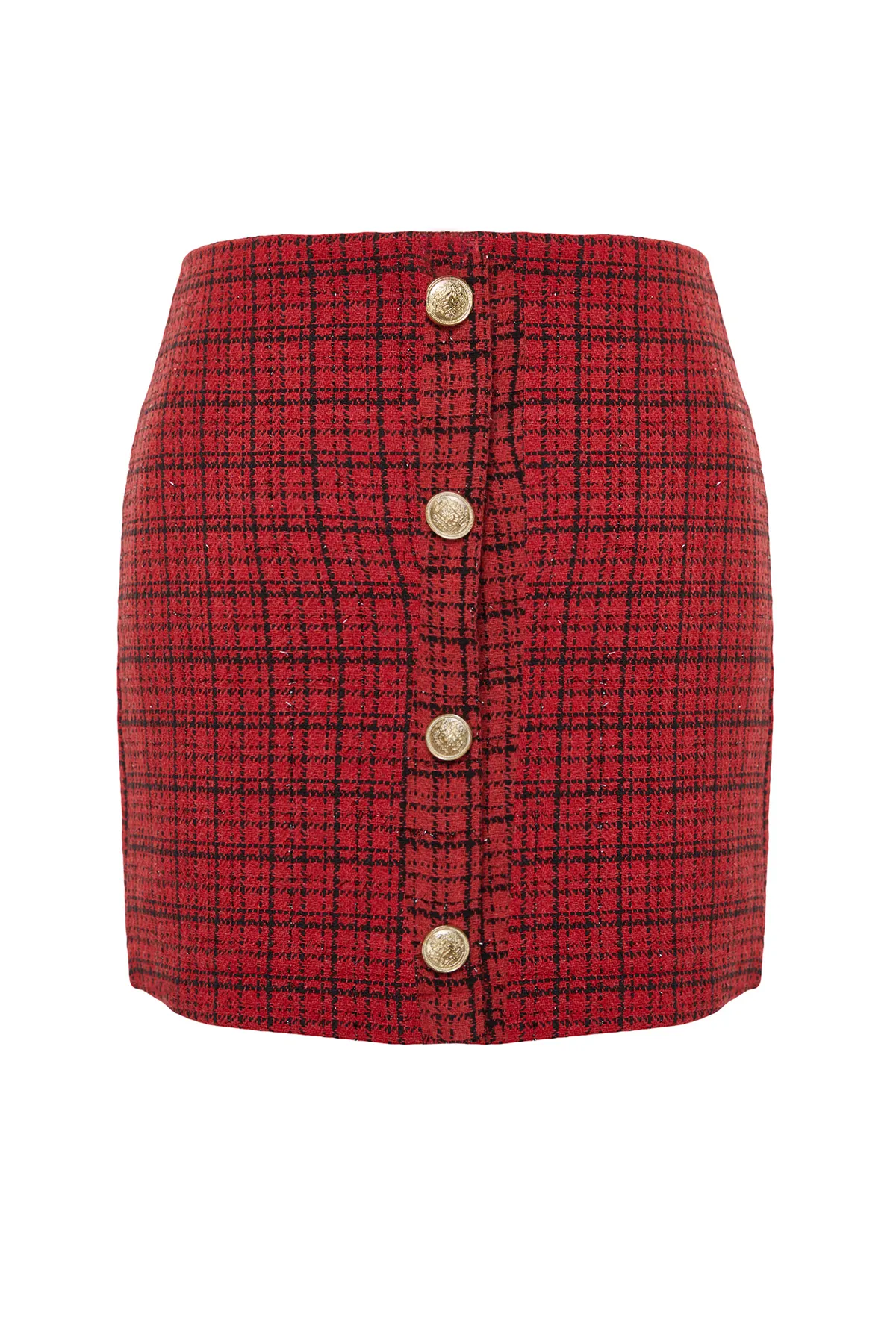 Trendyol Collection  Roter, hochwertiger Mini-Webrock aus Tweed mit Knöpfen und Details in Rot TWOAW24ET00275