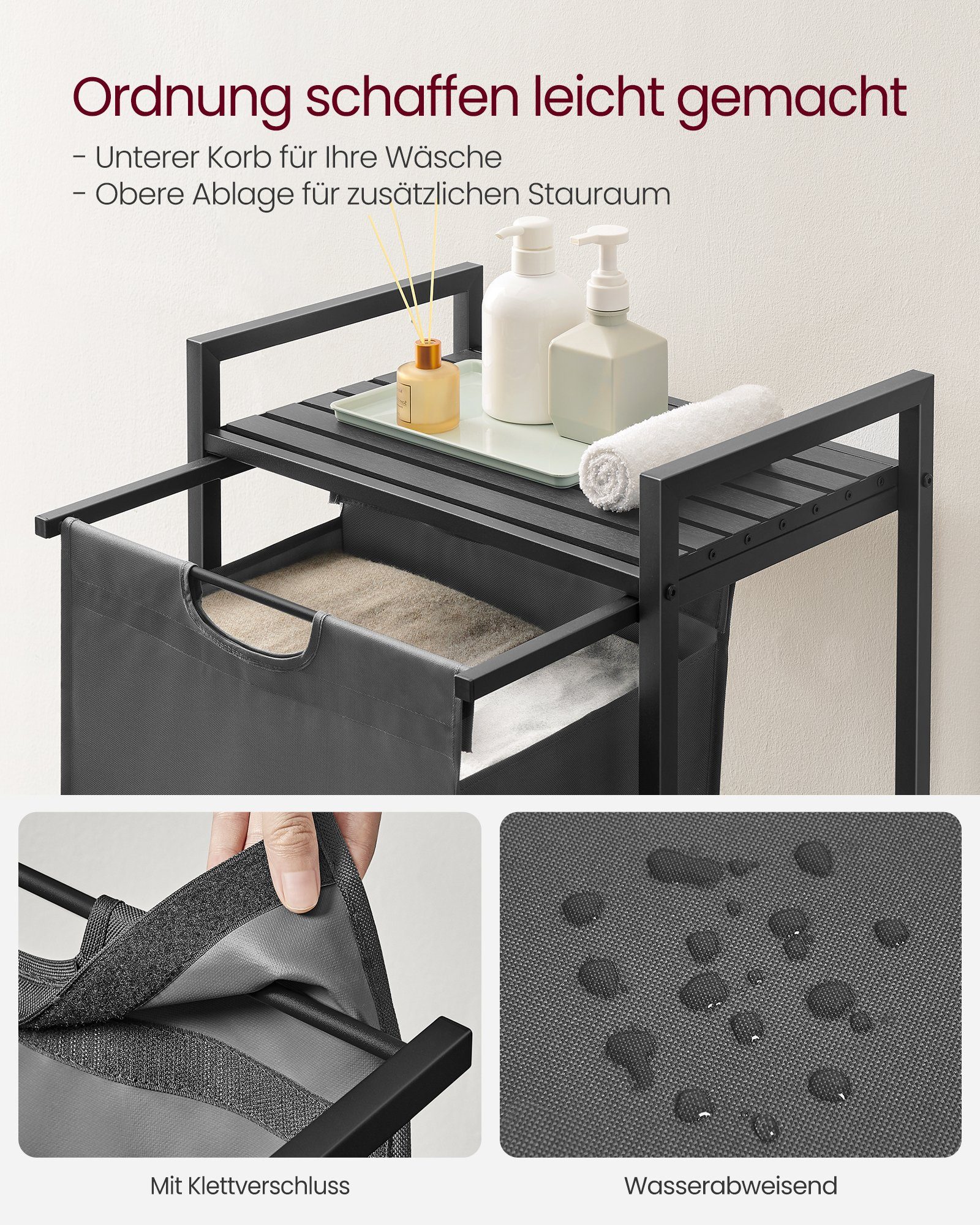 VASAGLE Wäschekorb, mit Ablage, Wäschesack abnehmbar, Metallrahmen, 65 L