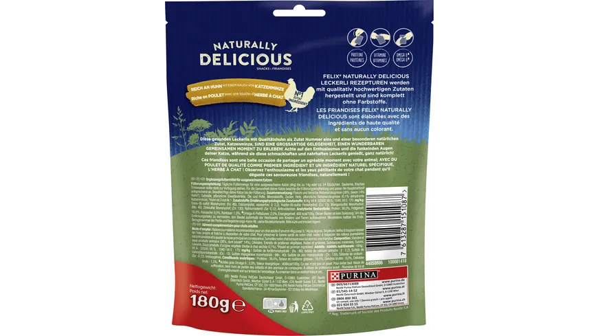 PURINA FELIX Naturally Delicious mit Huhn und einem Hauch von Katzenminze Katzensnacks 180 g