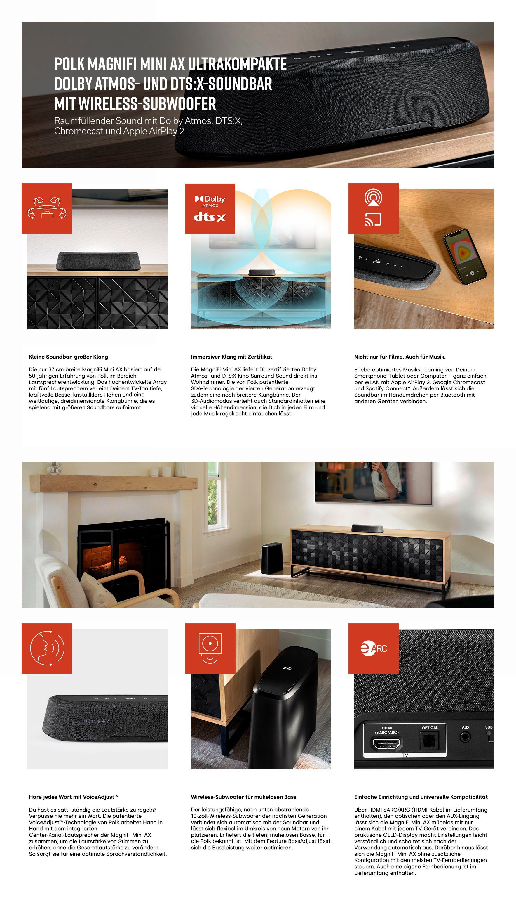 Polk Magnifi Mini AX Stereo Soundbar (Bluetooth, WLAN (WiFi), mit Wireless-Subwoofer)