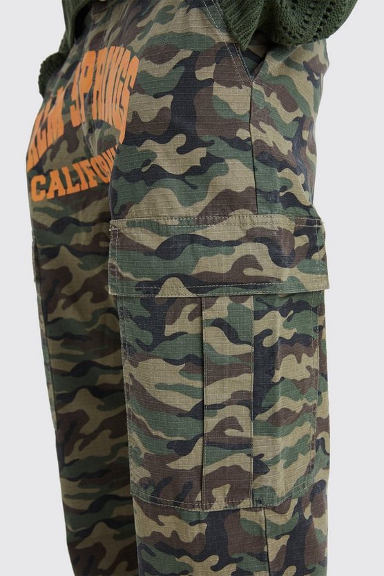 Lockere Camouflage Cargo-Hose mit Slogan-Print