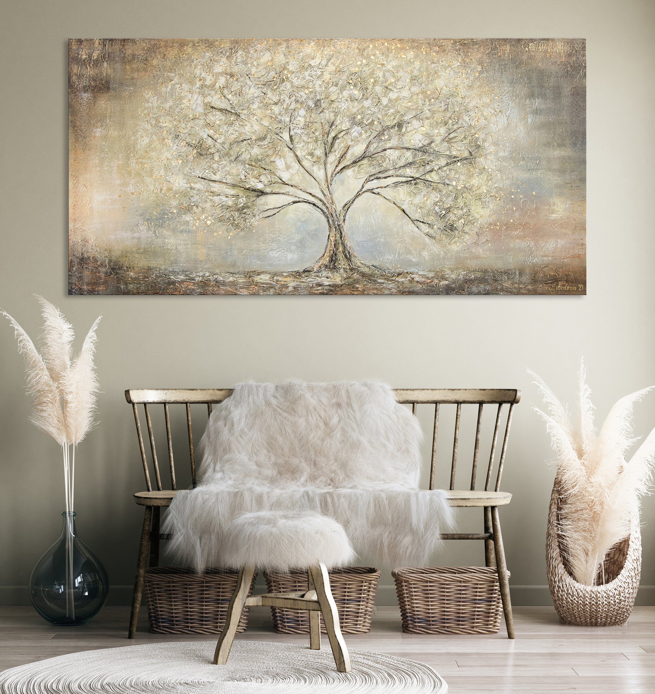 YS-Art Gemälde Goldbaum, Abstrakte Bilder, Leinwand Bild Handgemalt Gold Baum Stammbaum Braun