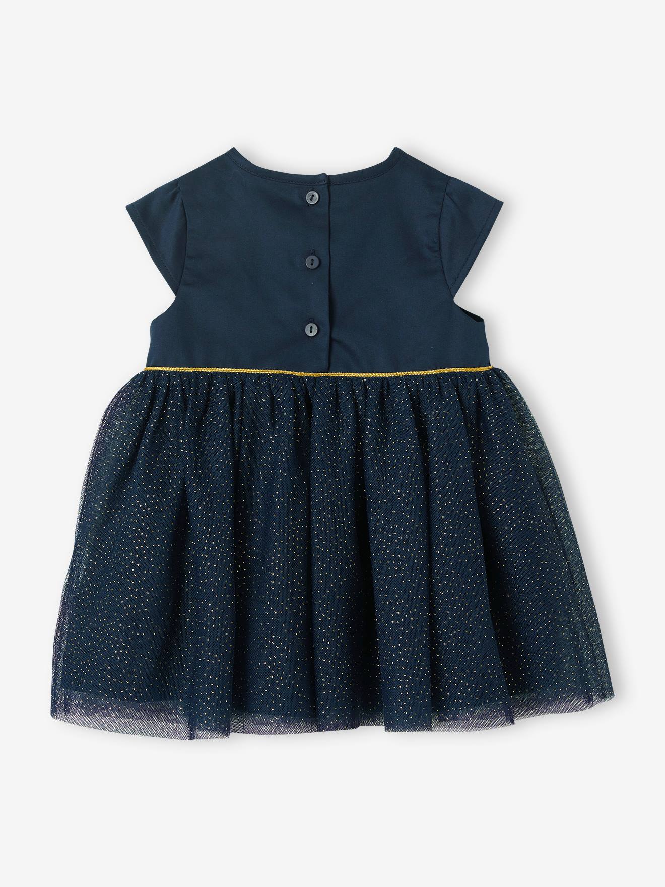Robe de fête bébé en satin et tulle irisé bleu nuit