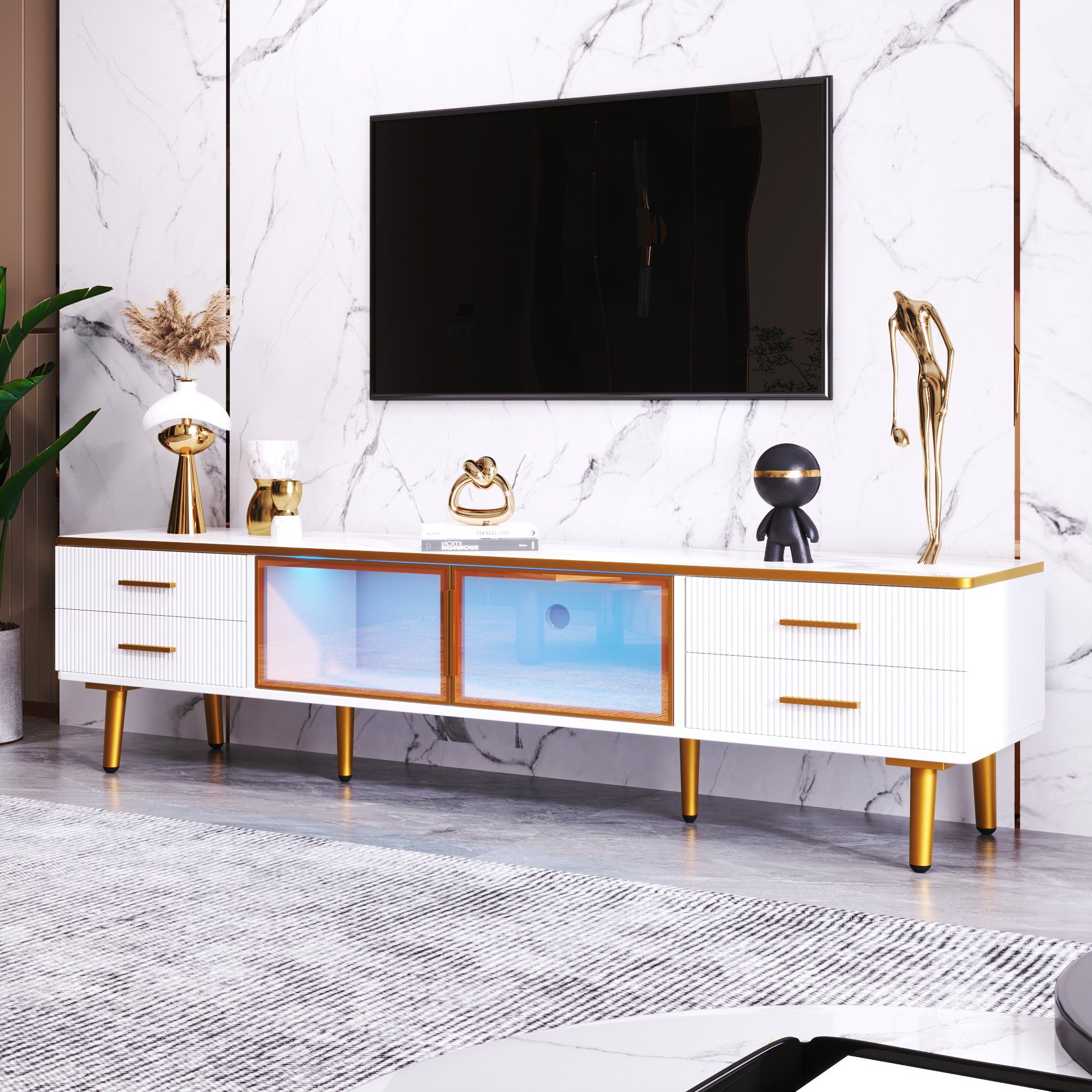 REDOM Wohnwand Couchtisch, TV-Schrank, (Schubladen mit Wellenstruktur, goldene Griffe und Beine, 2-St., Tür aus gehärtetem Glas,Rahmen aus Aluminiumlegierung), Enthält einen Couchtisch und einen Fernsehschrank.