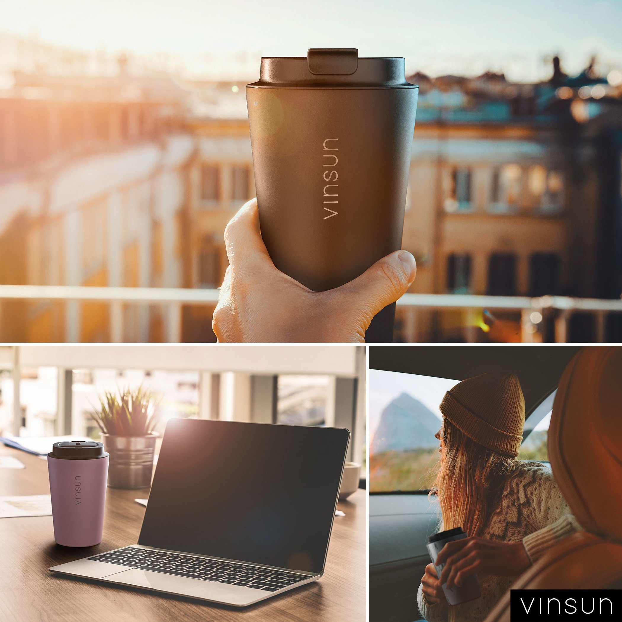 Vinsun Thermobecher Isolierbecher 350ml Schwarz - Kaffeebecher to go, Edelstahl, auslaufsicher, bruchfest, für heiße und kalte Getränke
