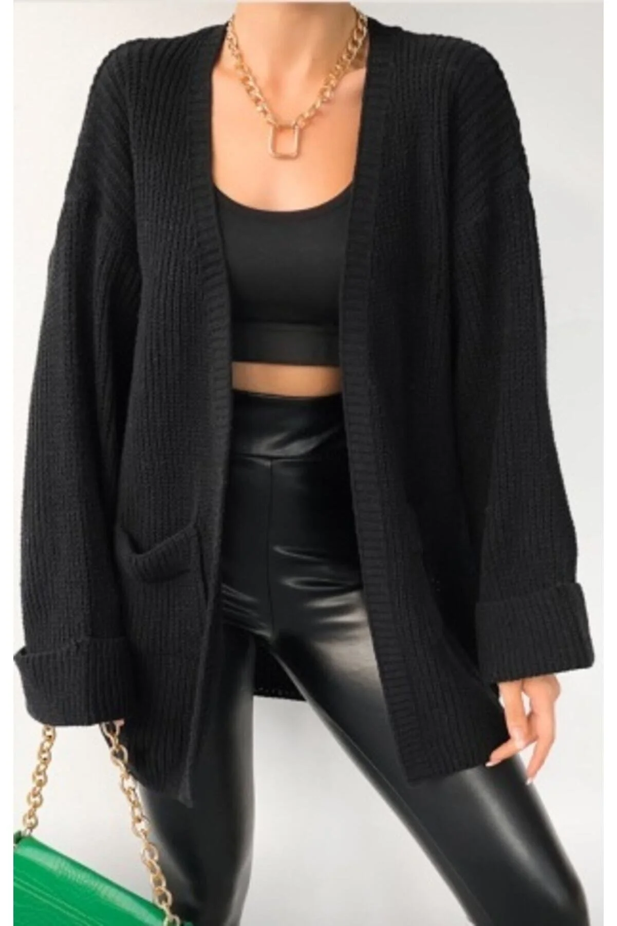 Nazende Stil  Lose Strick-Cardigan für Damen mit gefalteten Ärmeln und Taschen