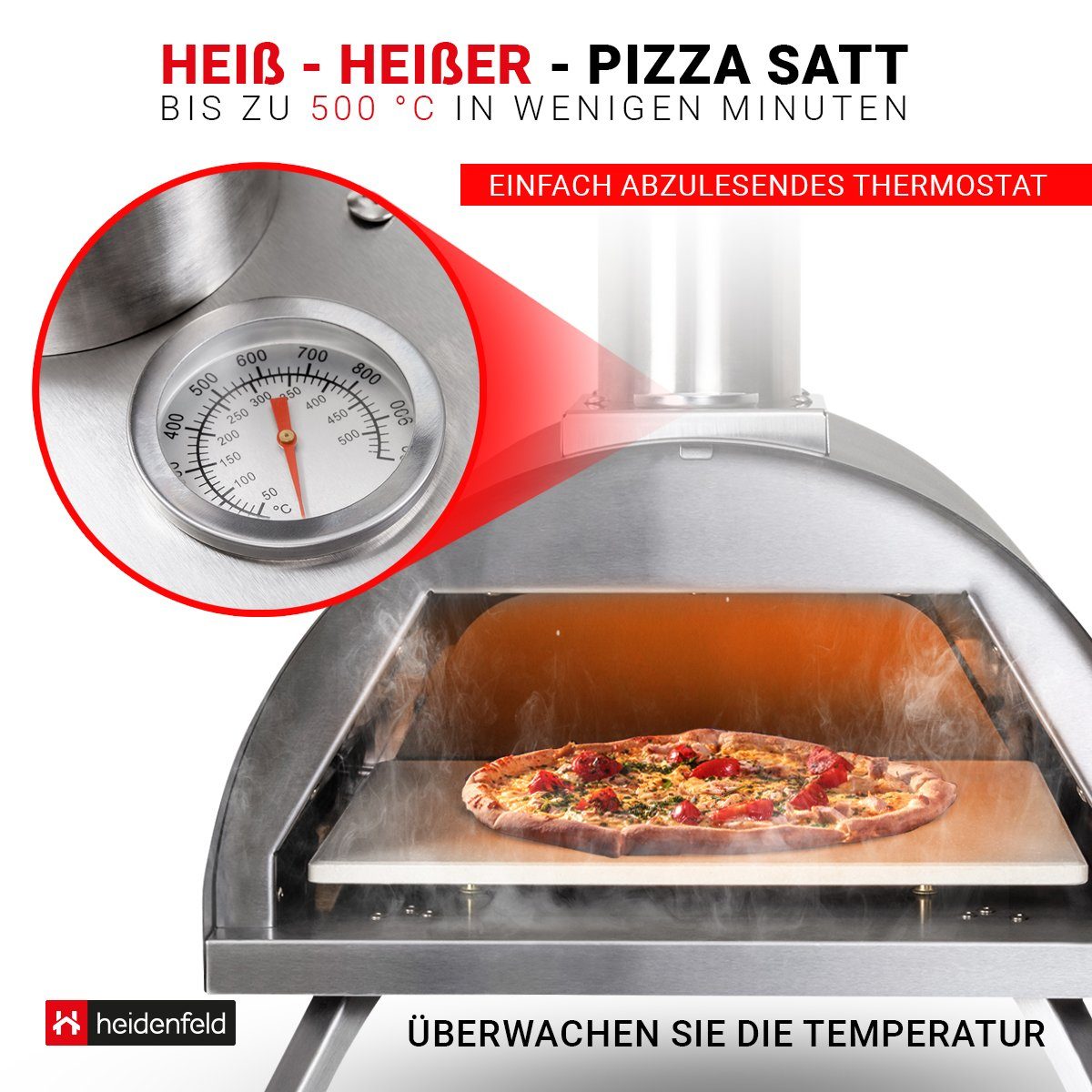 Heidenfeld Pizzaofen Edelstahl Pizza Ofen Neapel inkl. Pizzastein - bis 500°C, Pellets oder Hybrid 2in1 Gasgril - Sichtfenster - Backofen - Holzofen