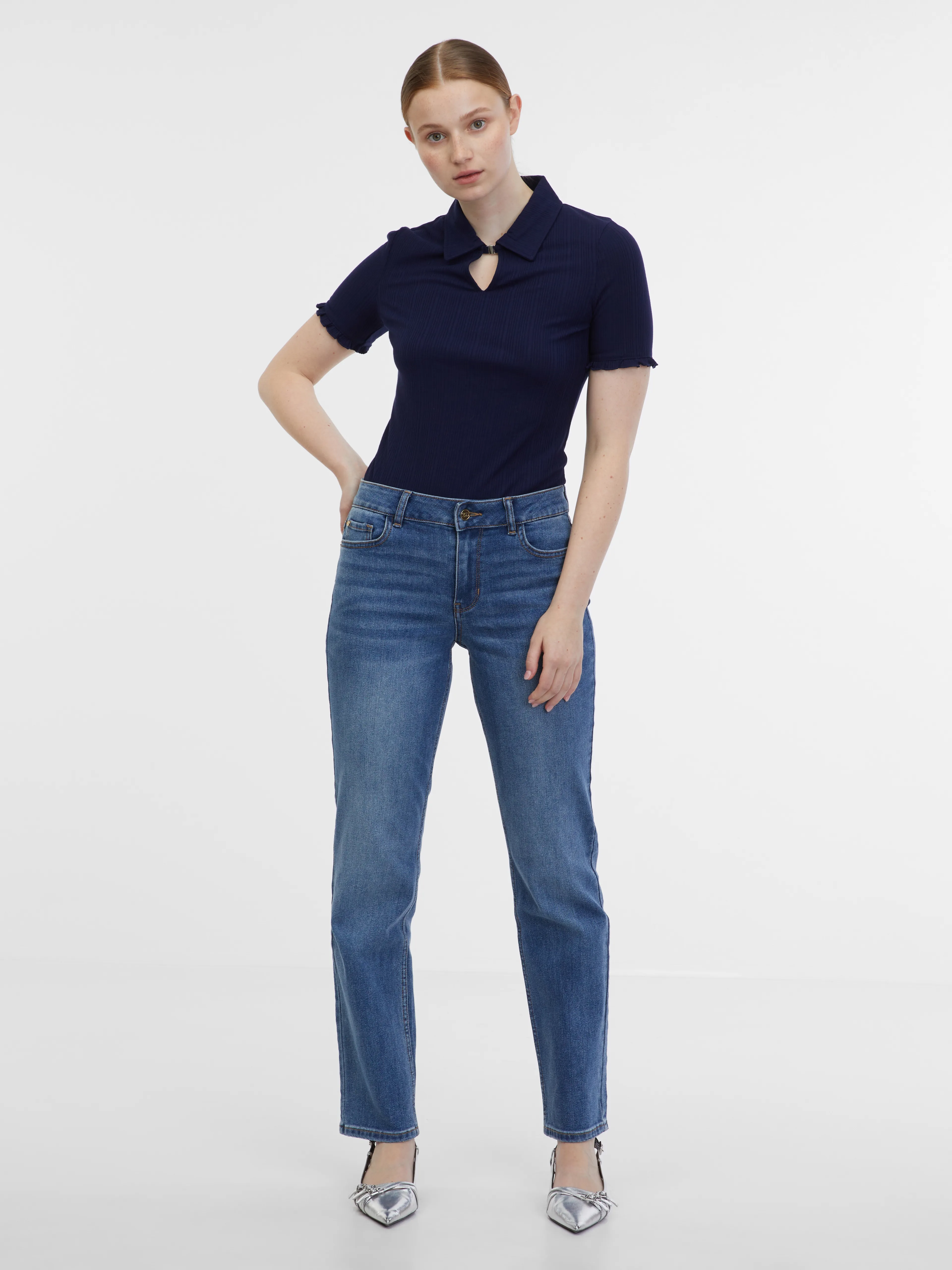 Blau-cremefarbenes gestreiftes Damen-Poloshirt ORSAY