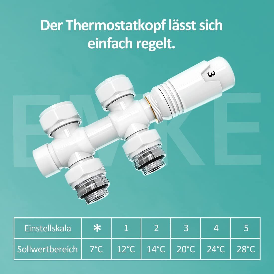 EMKE Heizkörperthermostat EMKE Anschlussarmatur Ventil mit Thermostat für Heizkörper, Hahnblock Heizungszubehör Eck- und Durchgangsform φ16xG1/2