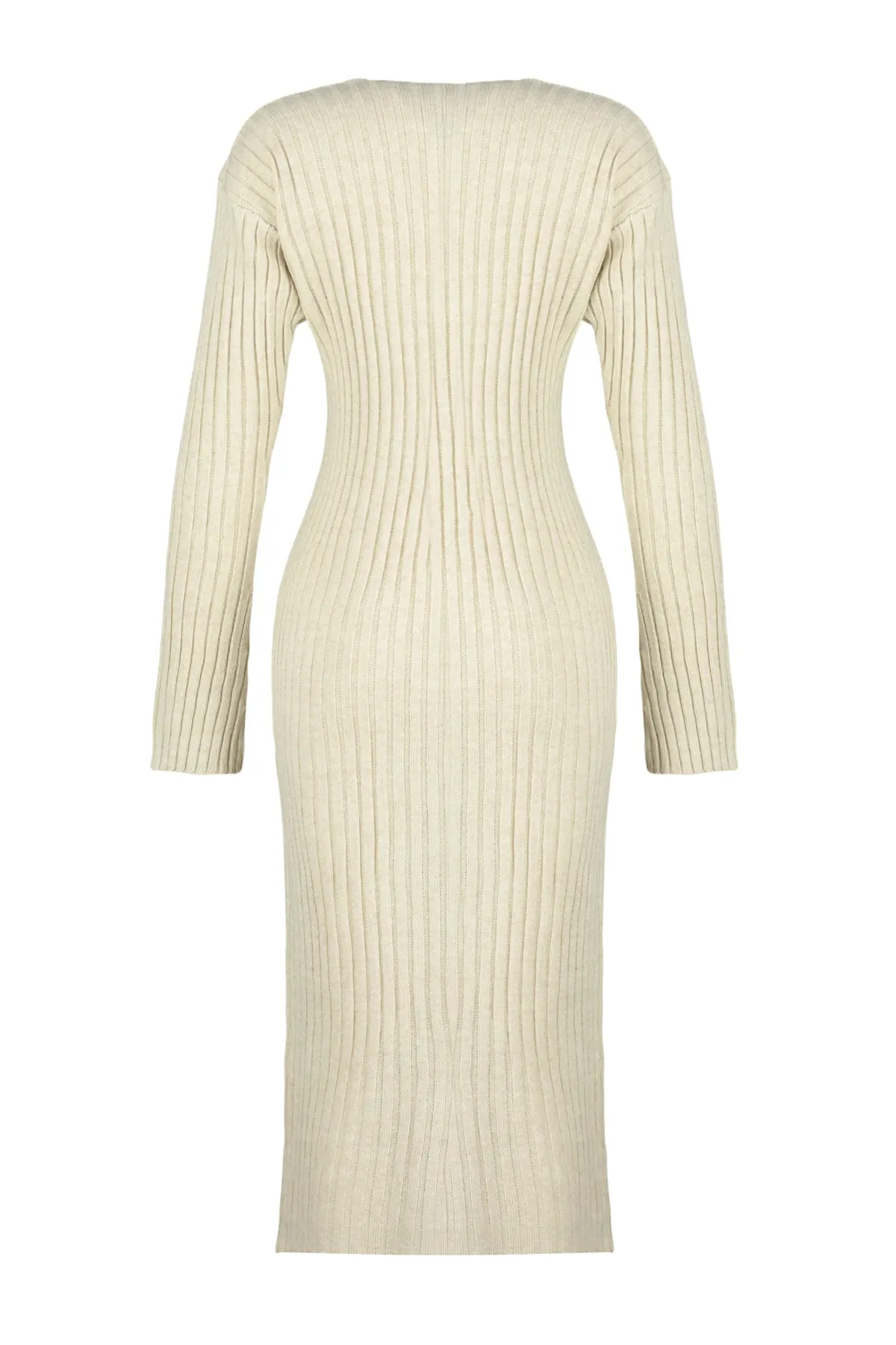 Trendyol Collection  Steinfarbenes Midi-Strickkleid mit V-Ausschnitt TWOAW24EL00066
