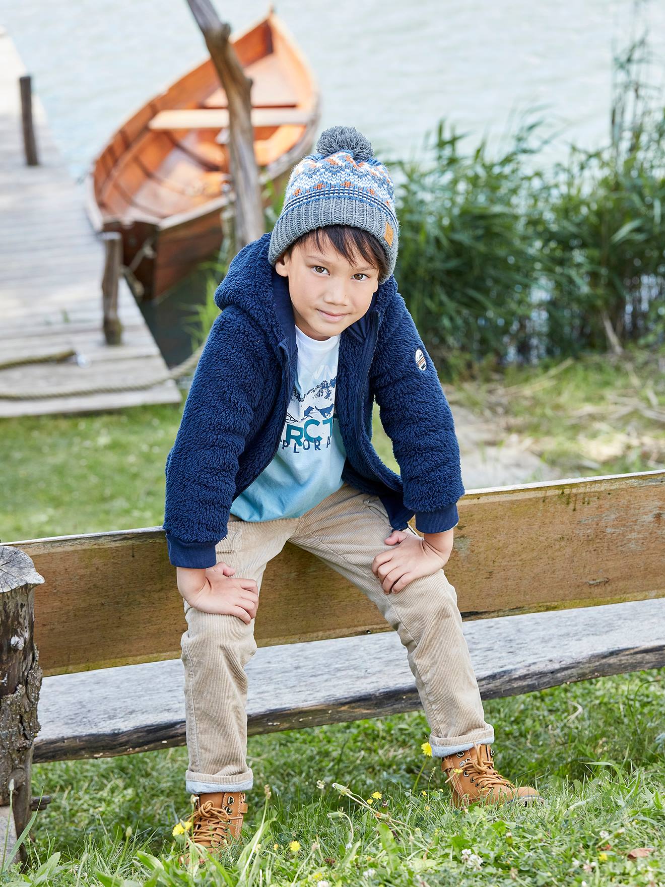 Vertbaudet Jungen Kapuzensweatjacke aus Fell-Imitat Oeko-Tex - blau