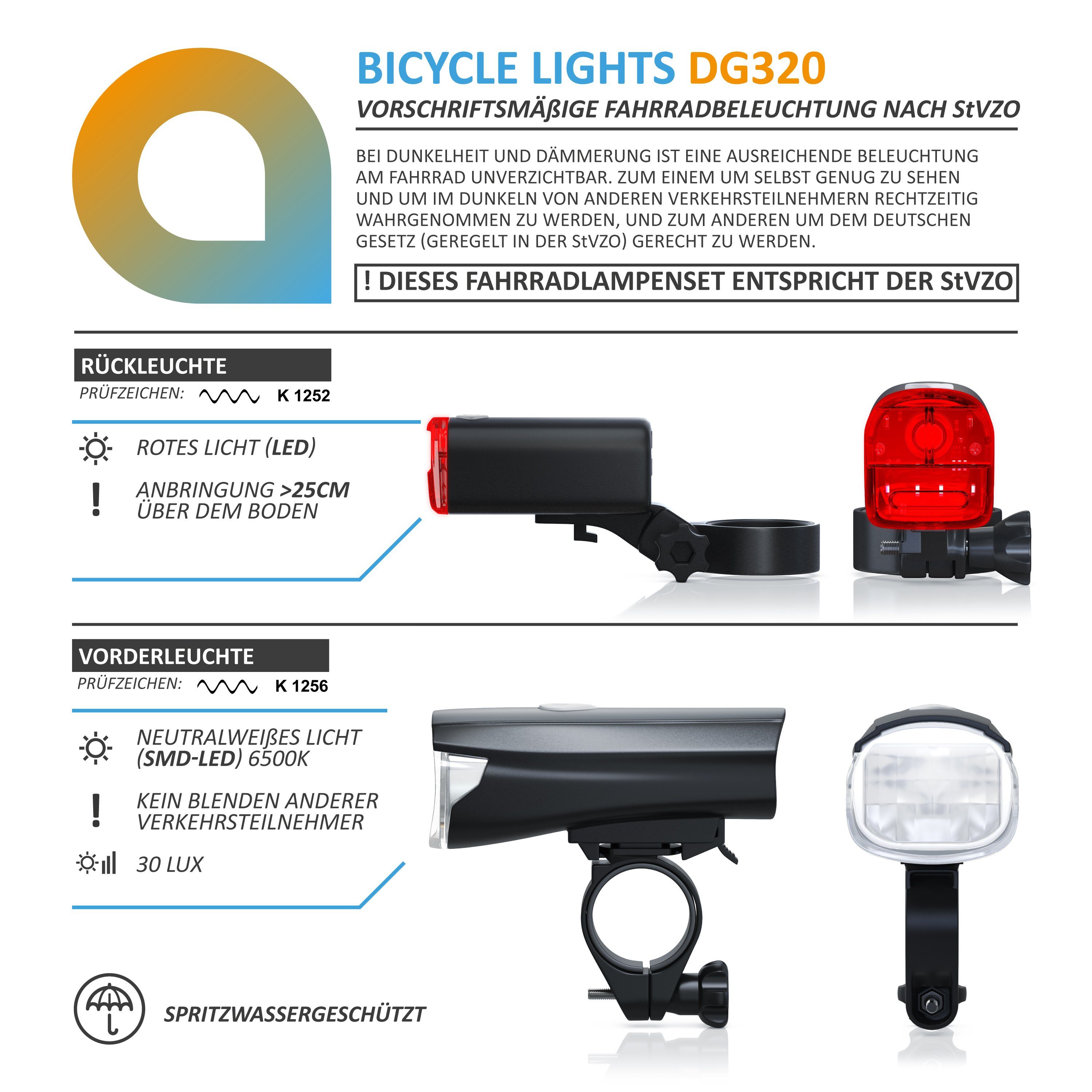 Aplic Fahrradbeleuchtung, LED Fahrradlampen-Set mit Front & Rücklicht StVZO zugelassen, 30 Lux