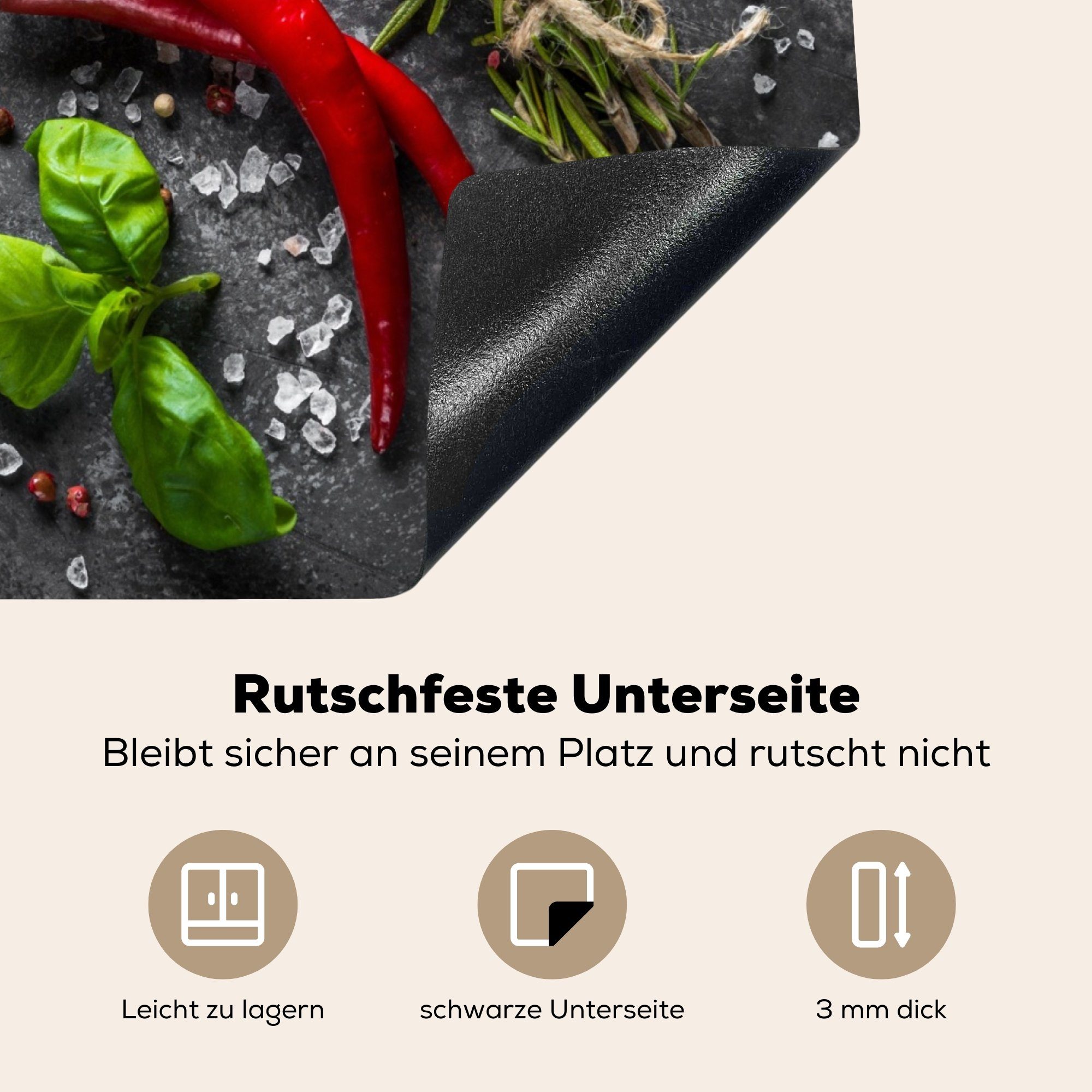 MuchoWow Herdblende-/Abdeckplatte Pfeffer - Kräuter - Gewürze - Beton, Vinyl, (1 tlg), 60x52 cm, Mobile Arbeitsfläche nutzbar, Ceranfeldabdeckung