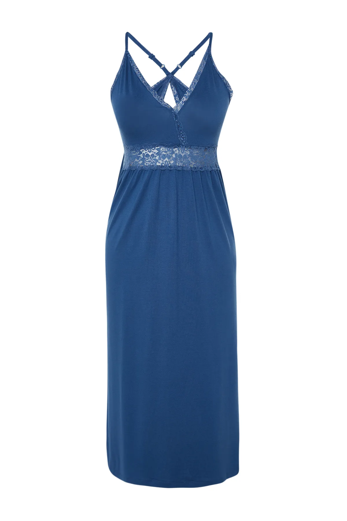 Trendyol Collection  Blaues Strick-Nachthemd mit Spitze und Schlitz am Rücken THMAW20GC0001
