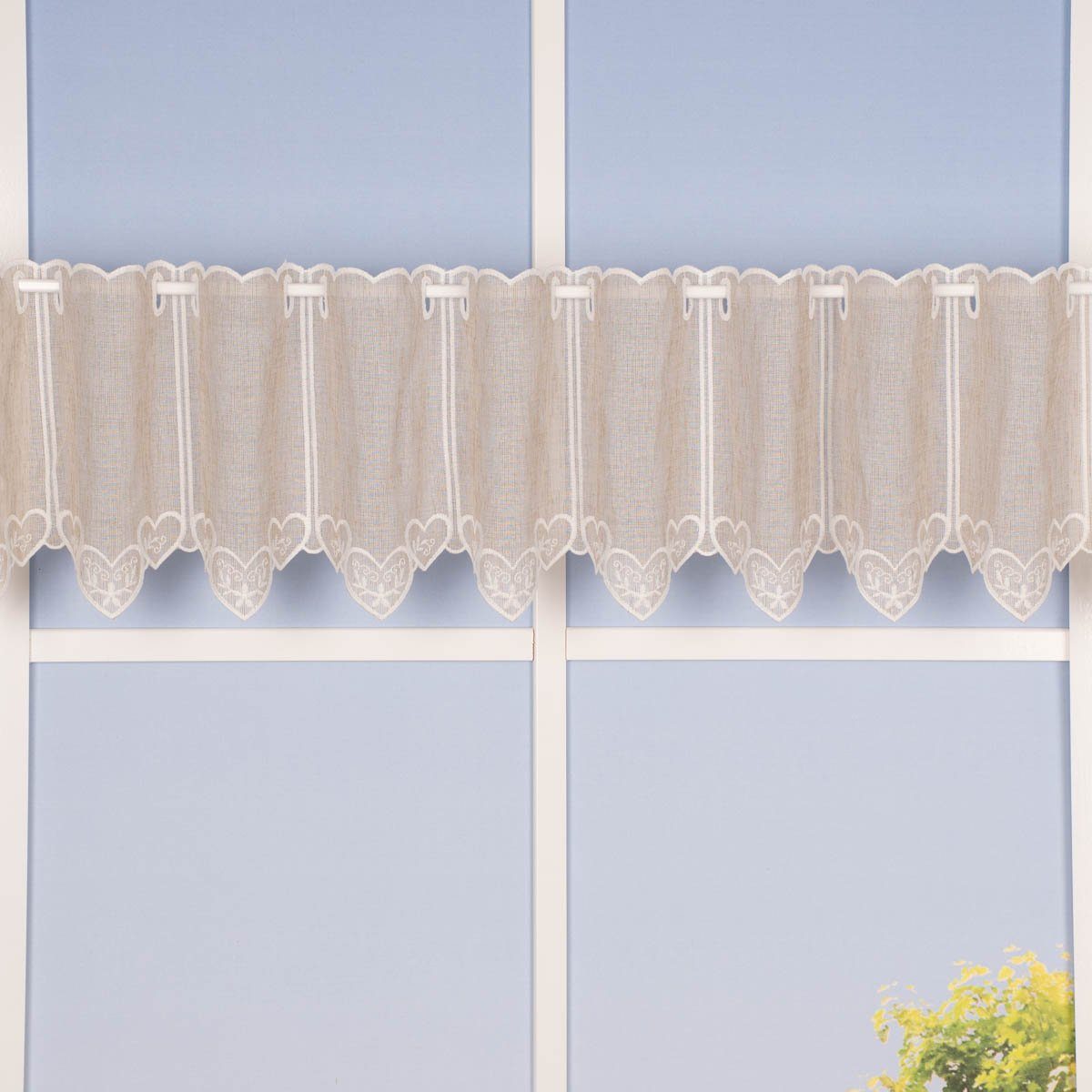Meterware Scheibengardine Meterware Landhausgardine Stickerei Herzchen nähfrei, SCHÖNER LEBEN., halbtransparent, Polyester, bestickt
