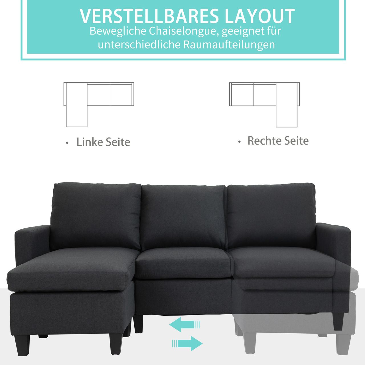HOMCOM Ecksofa Stoffsofa Eckcouch Couchgarnitur mit wendbarer Chaiselongue L-Form Leinen Dunkelgrau 197 x 139 x 91 cm