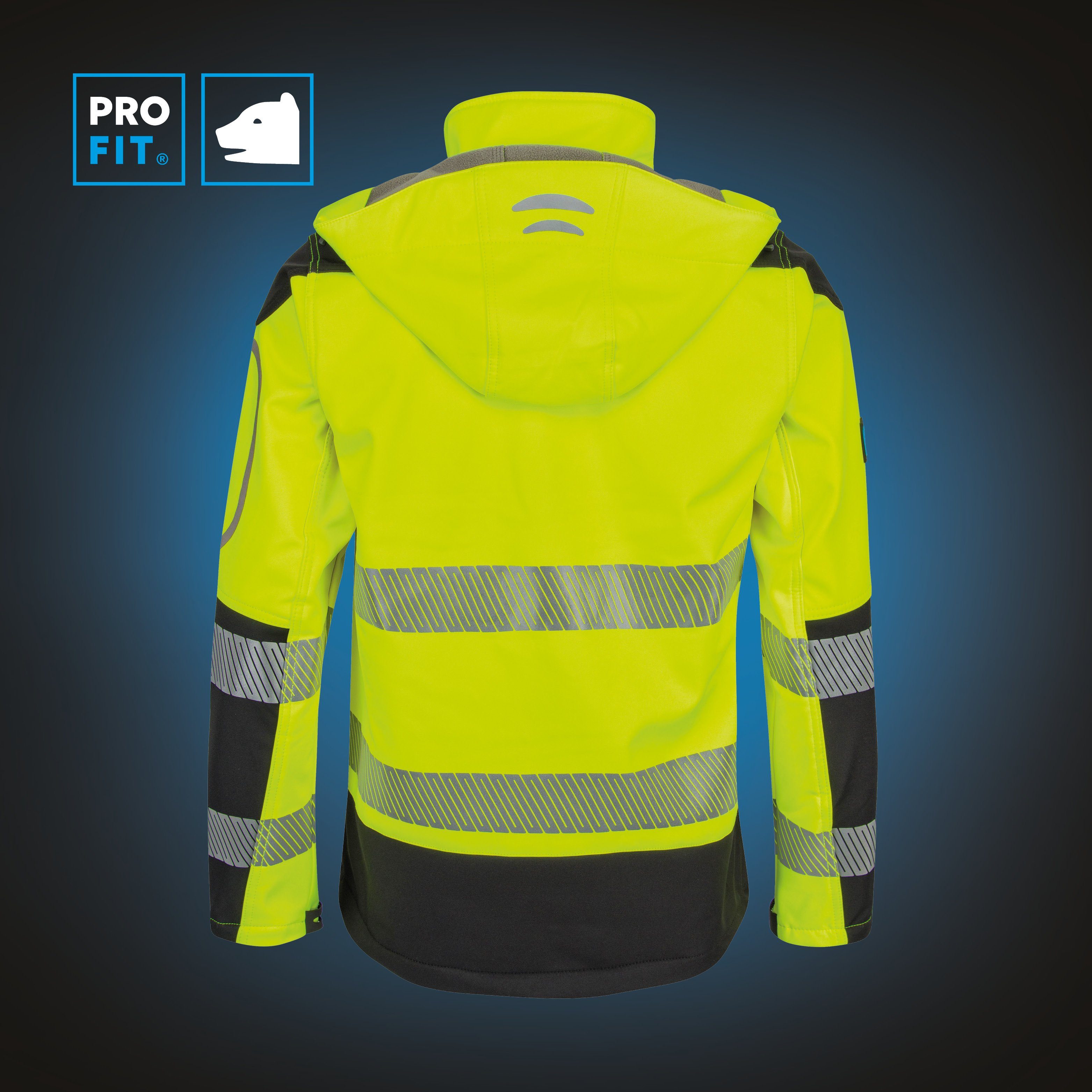 PRO FIT by Fitzner Arbeitsjacke Warnschutz Softshelljacke, Neongelb/Schwarz (1-St) Reflektierende Streifen, Winddicht, Wasserdicht, Atmungsaktiv