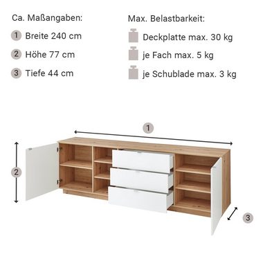 Lomadox Wohnwand CUST-36, (3-St., 3-tlg), Set mit 2 Wandboards Eiche mit weiß 240 cm, Wohnwand, Fernsehschrank