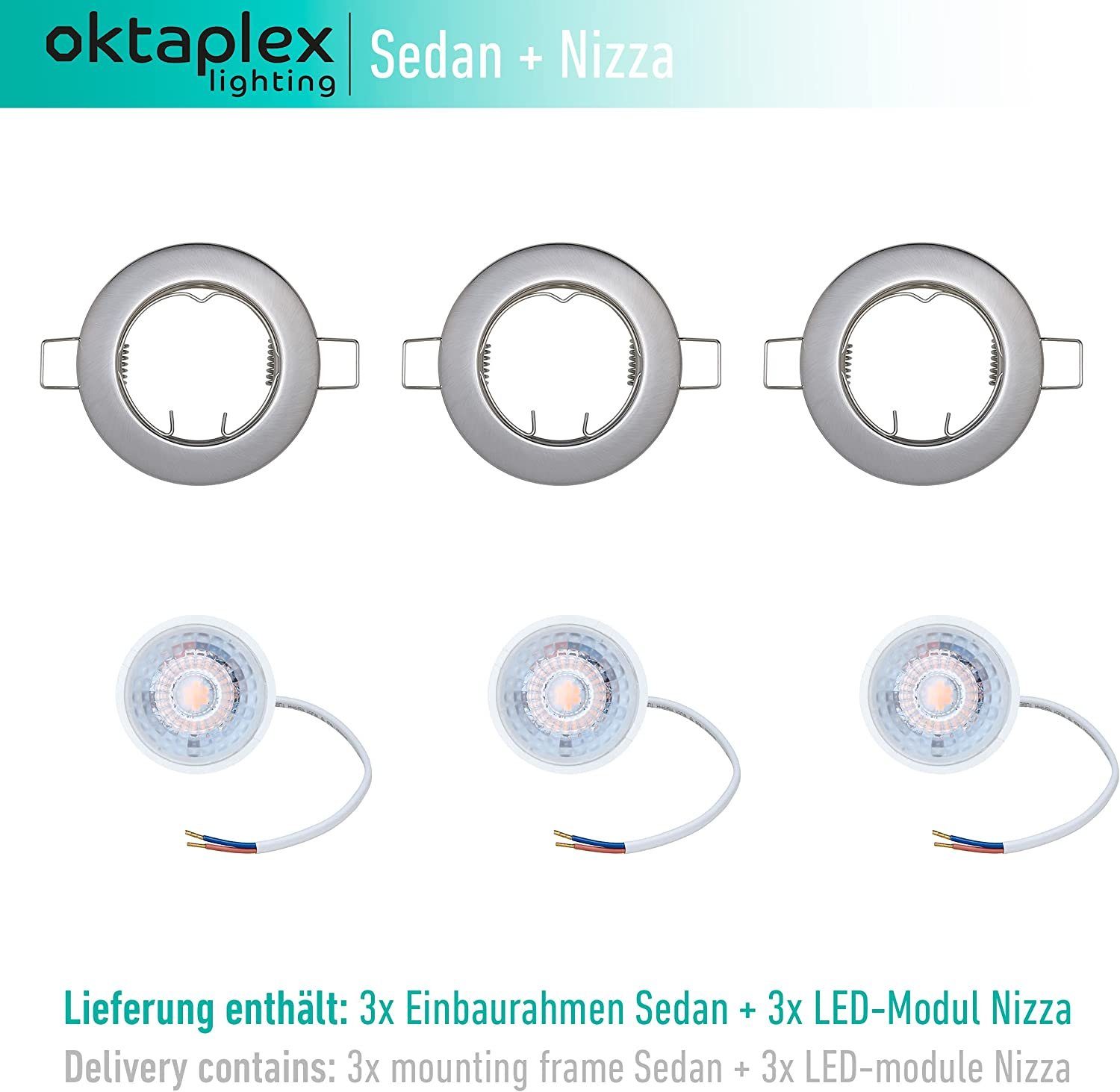 Oktaplex lighting LED Einbaustrahler 3er Set LED Strahler flach inkl. 3er Set LED Module 4,8W 380 Lumen, 3-Step Dimmung, Leuchtmittel wechselbar, warmweiß, 2700 Kelvin 230V silber
