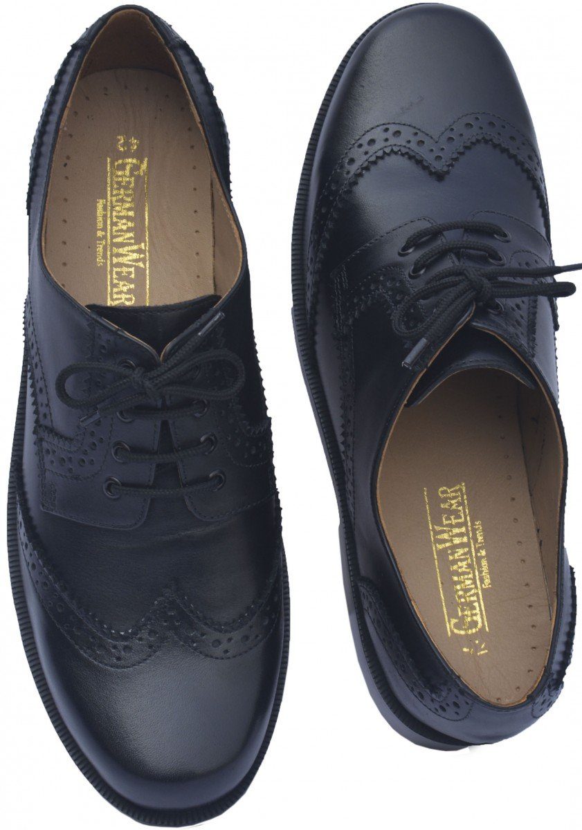 German Wear LS001 Black Schnürschuh Business Schuhe Brogue mit Ledersohlen echtleder Schwarz