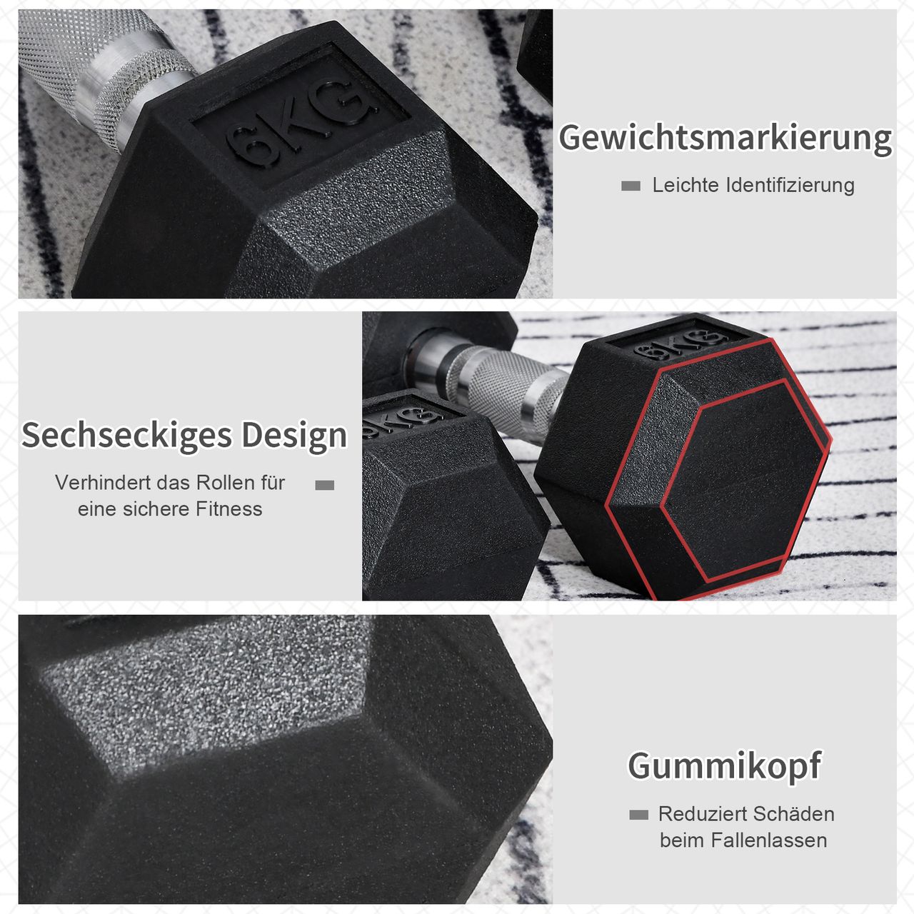 HOMCOM 2er-Set Gummi-Hantel Fitness Hantel Kurzhantel für Trainingsraum schwarz 6 KG