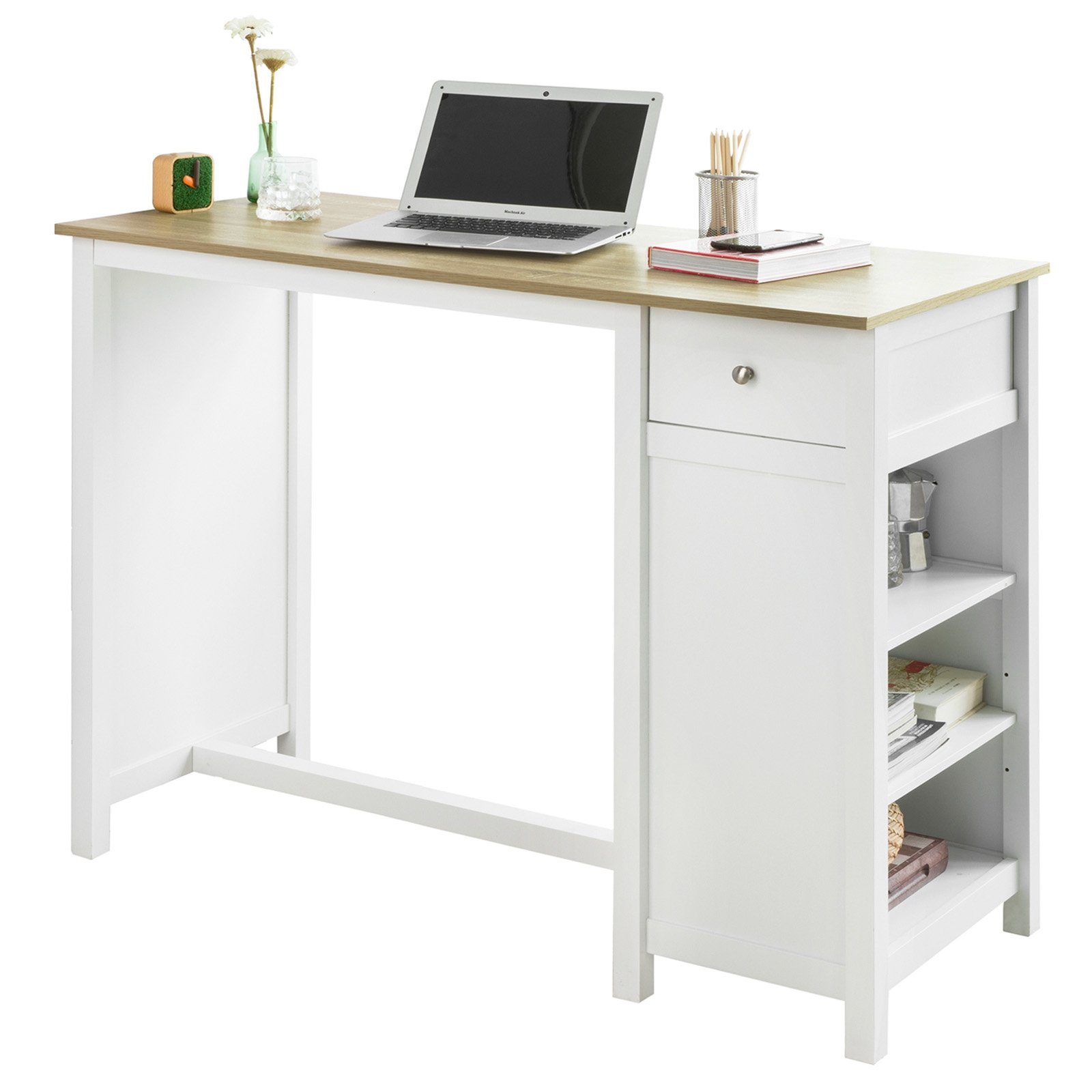 SoBuy Bartisch FWT64, Küchentheke Küchenbartisch mit Einer Schublade und 3 Regalfächern Bistrotisch Kücheninsel Tresentisch weiß-Natur BHT: 120x90x55cm