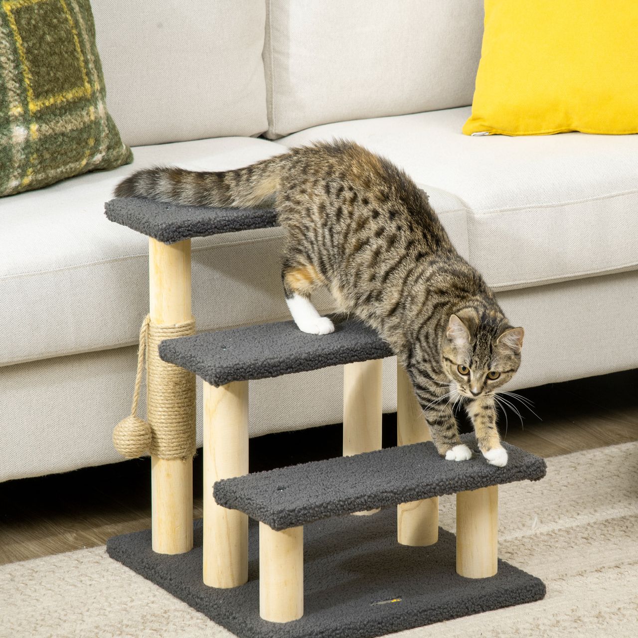 PawHut Kratzbaum, 48 cm, 3-stufige Katzenbaum, Kletterbaum mit Sisalsäule, Grau