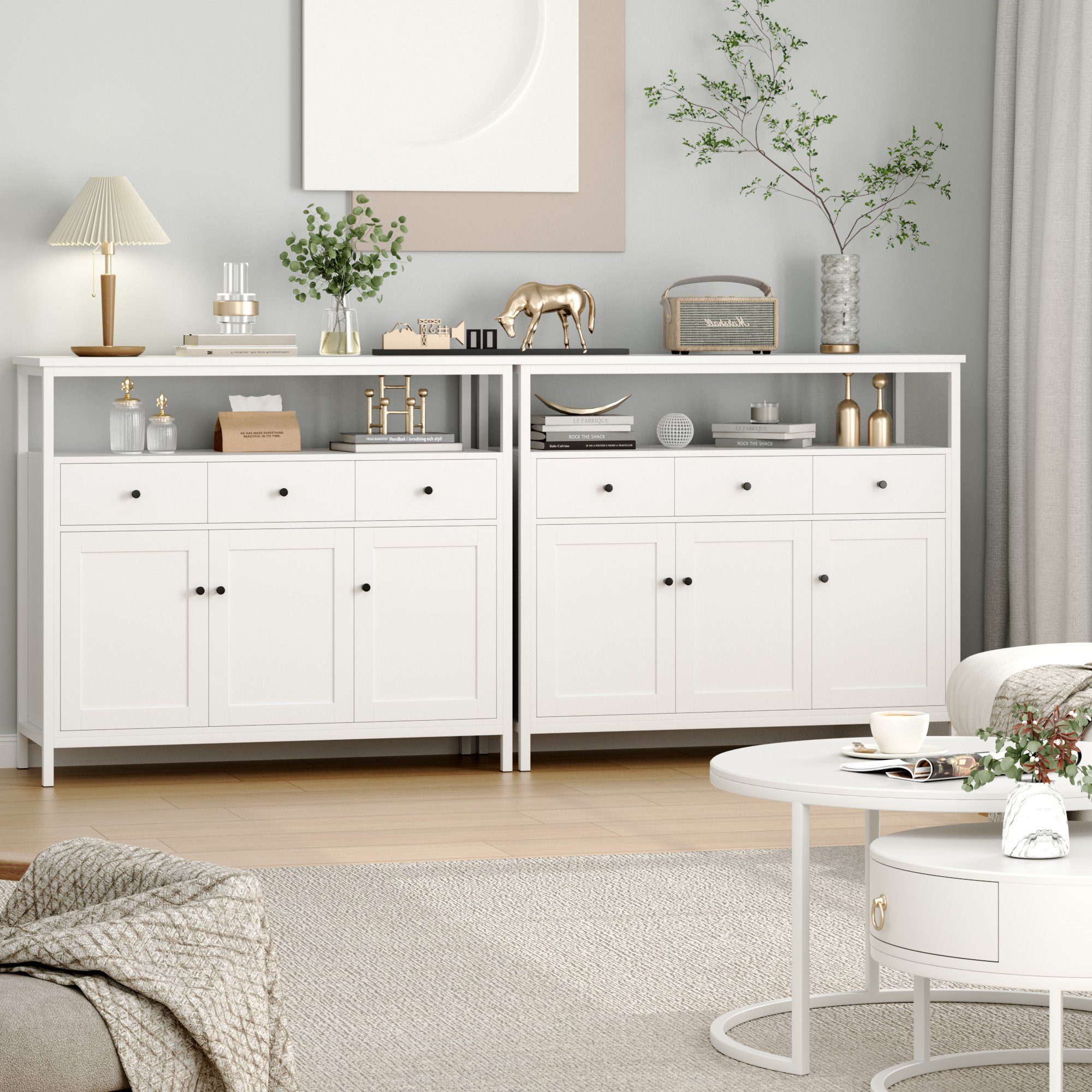 Homfa Sideboard, Küchenschrank mit 3 Schubladen 3 Türen Kommode weiß 108x38x98,5cm