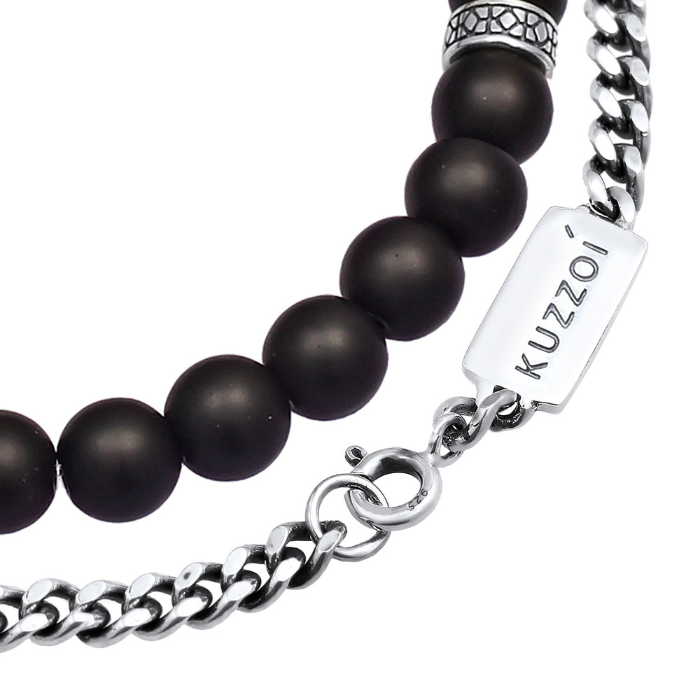 KUZZOI KUZZOI Bracelet Chaîne masculine en pierre d'onyx en 925/1000 argent massif Bracelet
