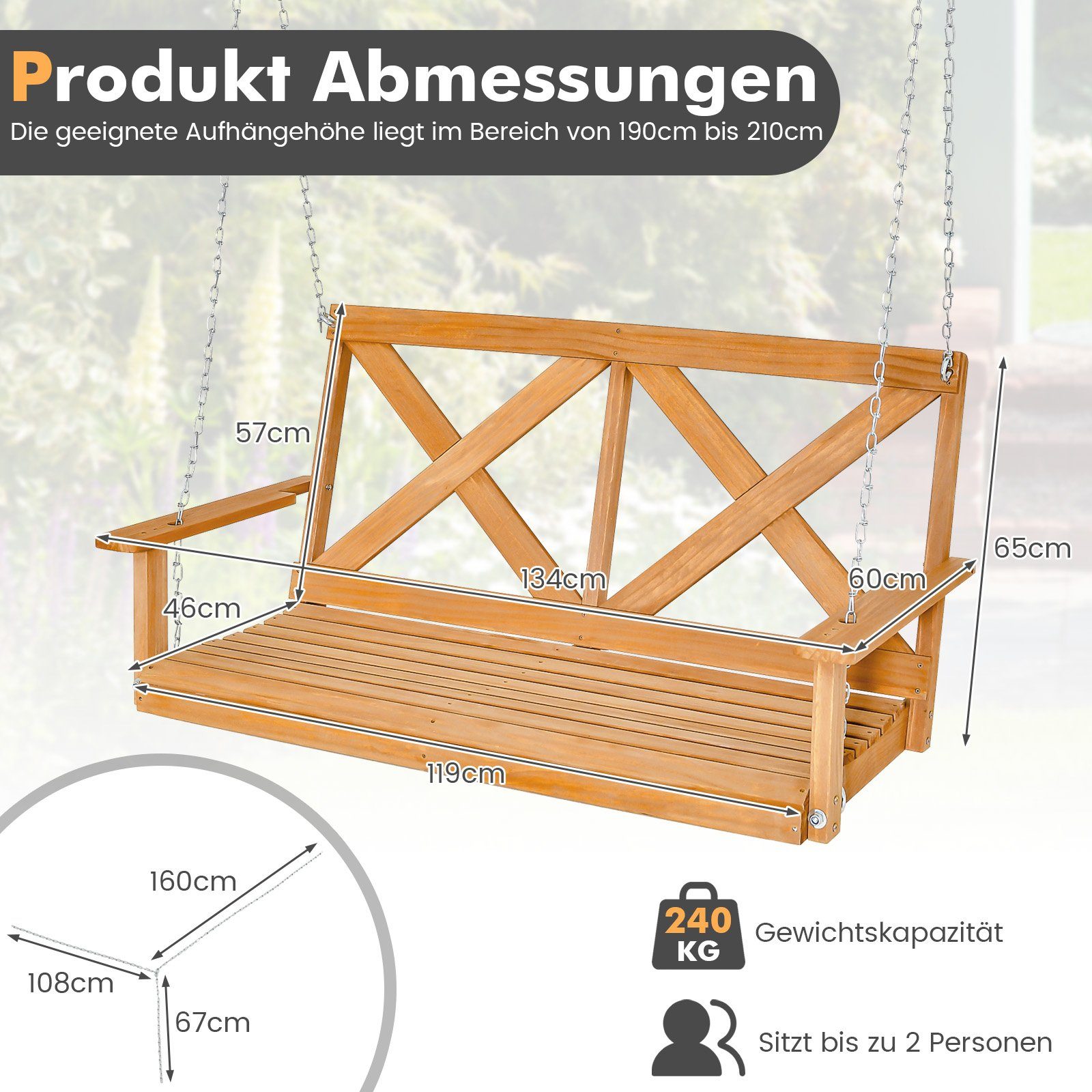 COSTWAY Hollywoodschaukel Hängebank, 2,00-Sitzer, aus Holz, bis 240kg