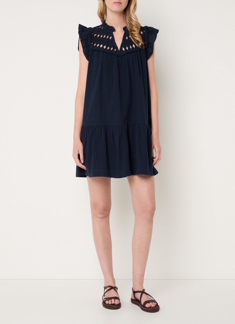 Vestido túnica corto Bluma de ba&sh con detalles calados y volantes.