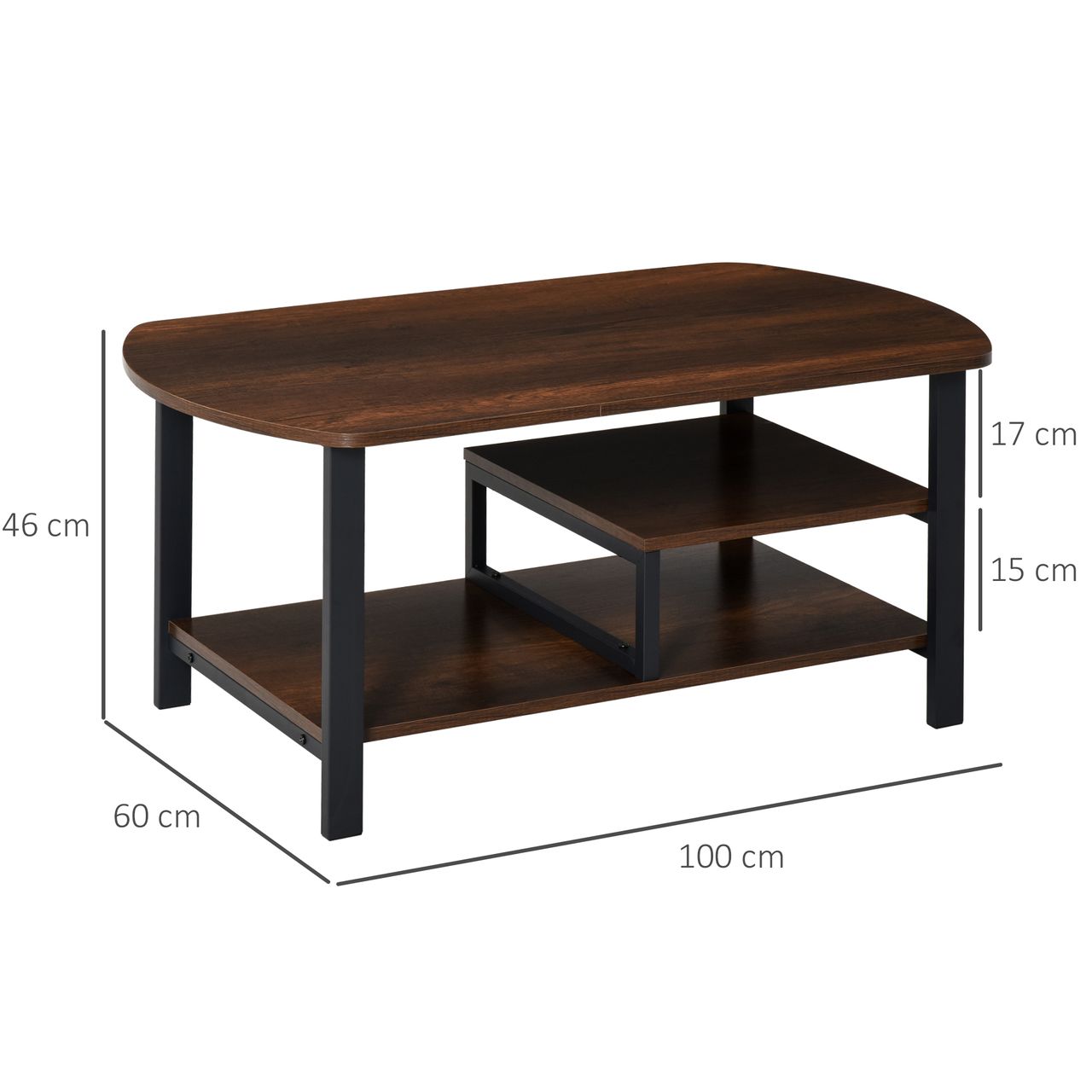 HOMCOM Couchtisch, Wohnzimmertisch Kaffeetisch mit Ablageflächen für Büro, Wohnzimmer, Schlafzimmer, industrieller Stil, E1 Spanplatte, Stahl, Braun, 100L x 60B x 46H cm