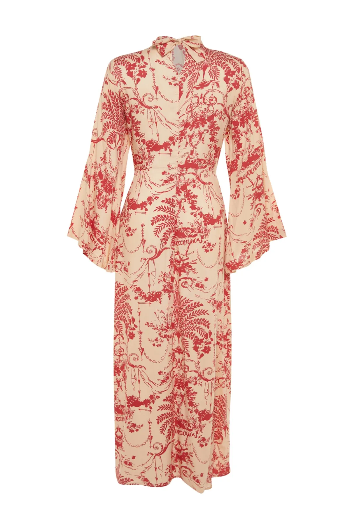 Trendyol Modest  Cremefarbenes Kleid aus Viskosegewebe mit weiten Ärmeln und gemustertem Kragen TCTSS23EB00234