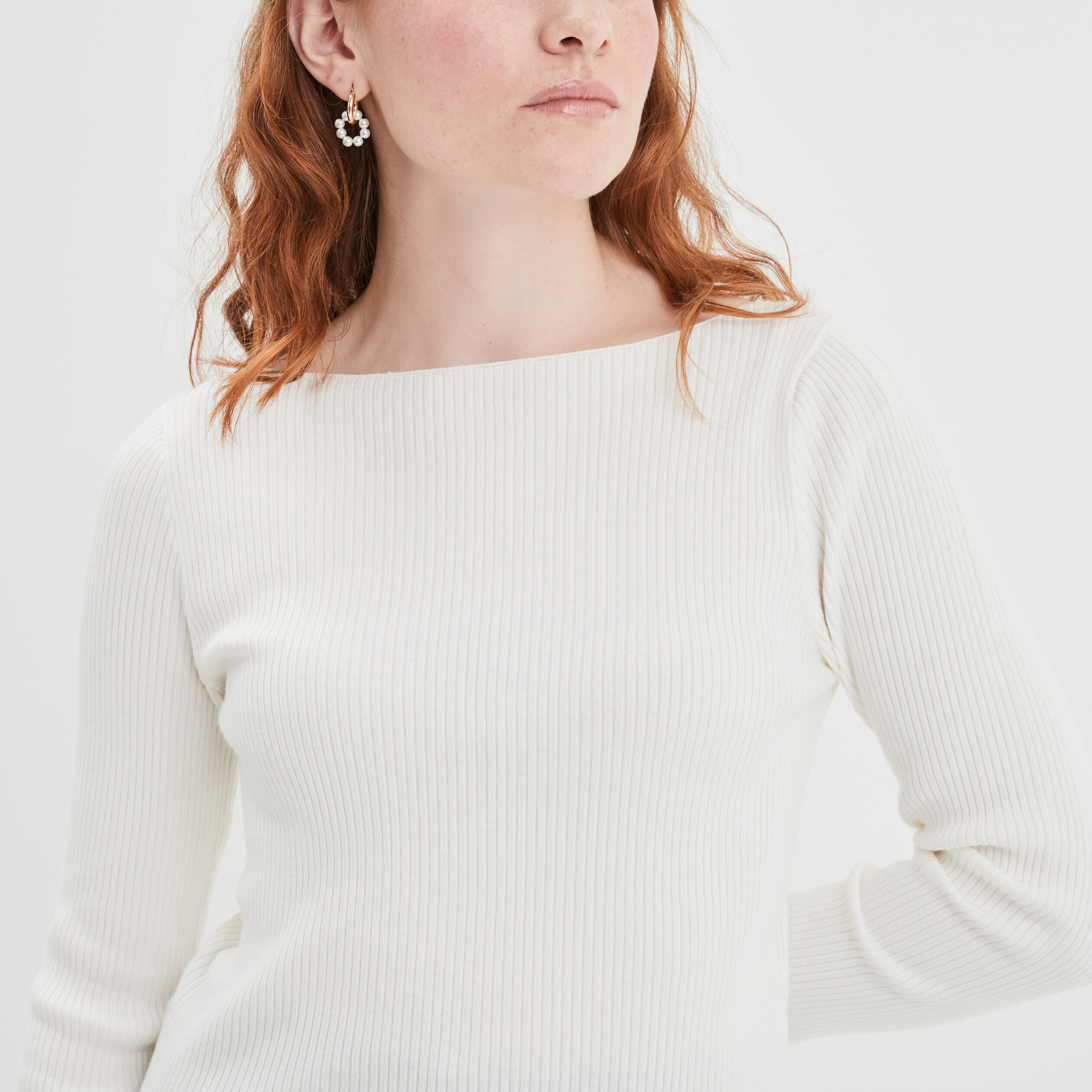 Pull côtelé court col bateau Creeks blanc femme | La Halle