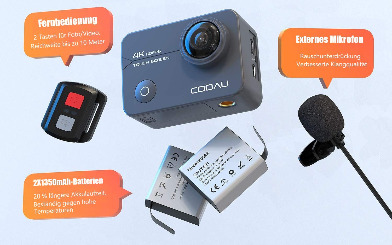 COOAU CU-SPC02 Action Cam 2-Zoll-IPS-empfindlicher Touchscreen 4K 60FPS 20MP Action Cam (Ultra HD 4K, 2.4GHz WLAN( WiFi, 8x opt. Zoom, 8X Zoom,40M Unterwasserkamera,6-Achsen-Anti-Shake-EIS, 2x1350mAh Akkus, externes Mikrofon, 16 Zubehör Kit)