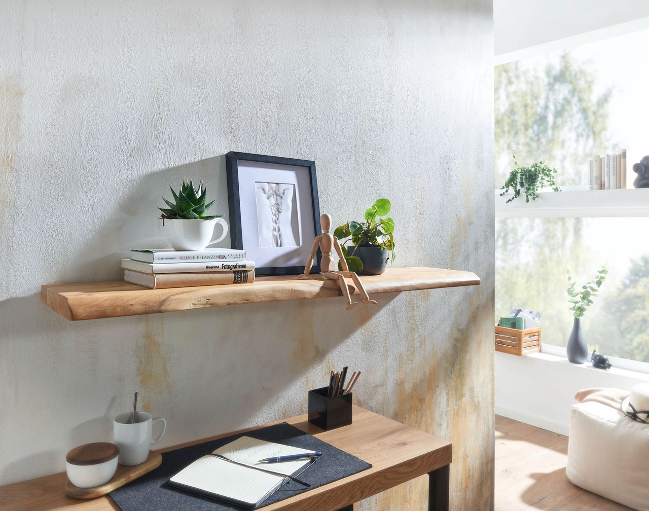Skyport WOHNLING Wandregal Baumkante Akazie Holz Design Schweberegal 120 cm Regal Massiv