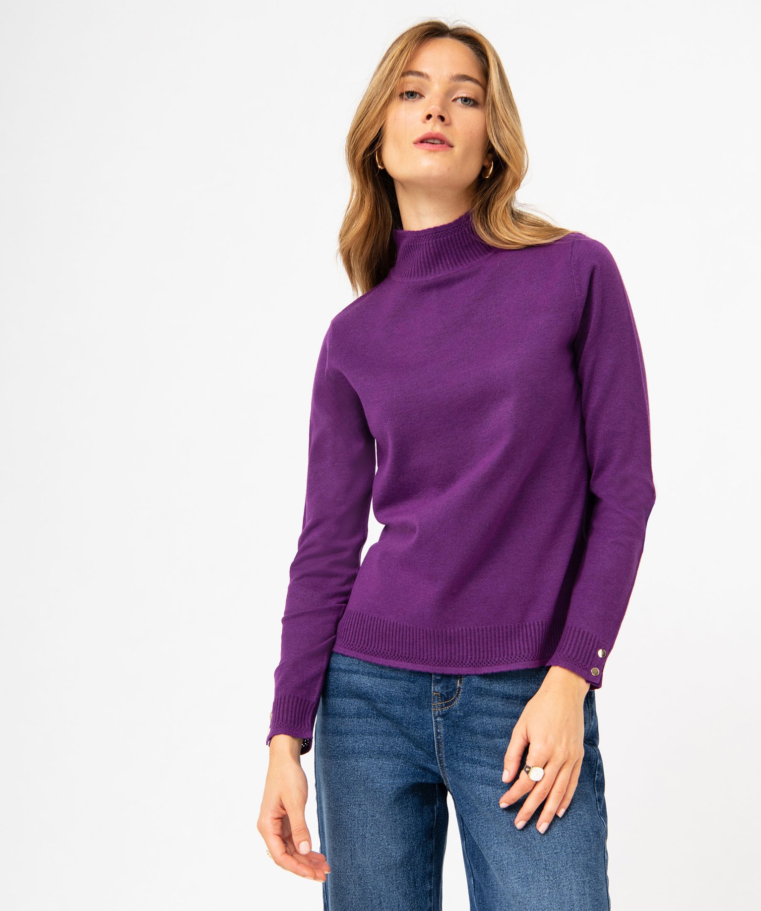 Pull fin à col montant avec boutons métalliques femme violet | GEMO