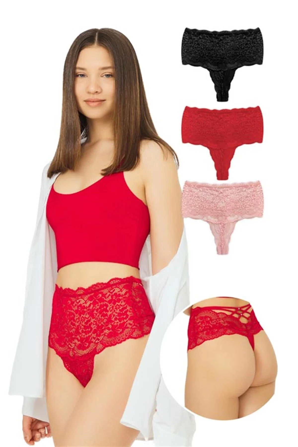 Cottonhill  Spitzenelastischer, detaillierter Damen-Tanga mit hoher Taille im 3er-Pack
