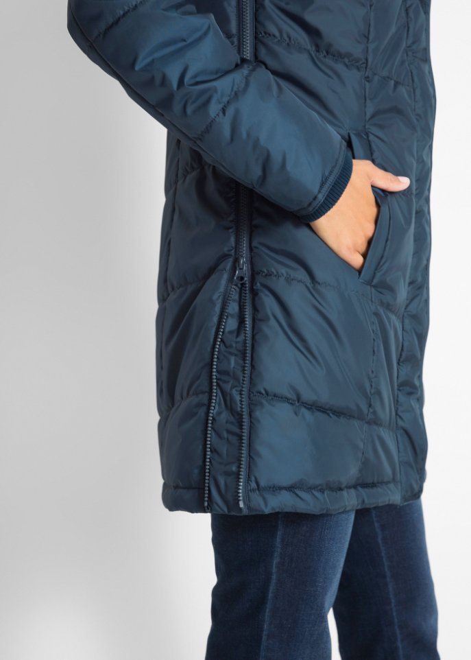 Long-Steppjacke, wattiert mit Kragen und Kapuze