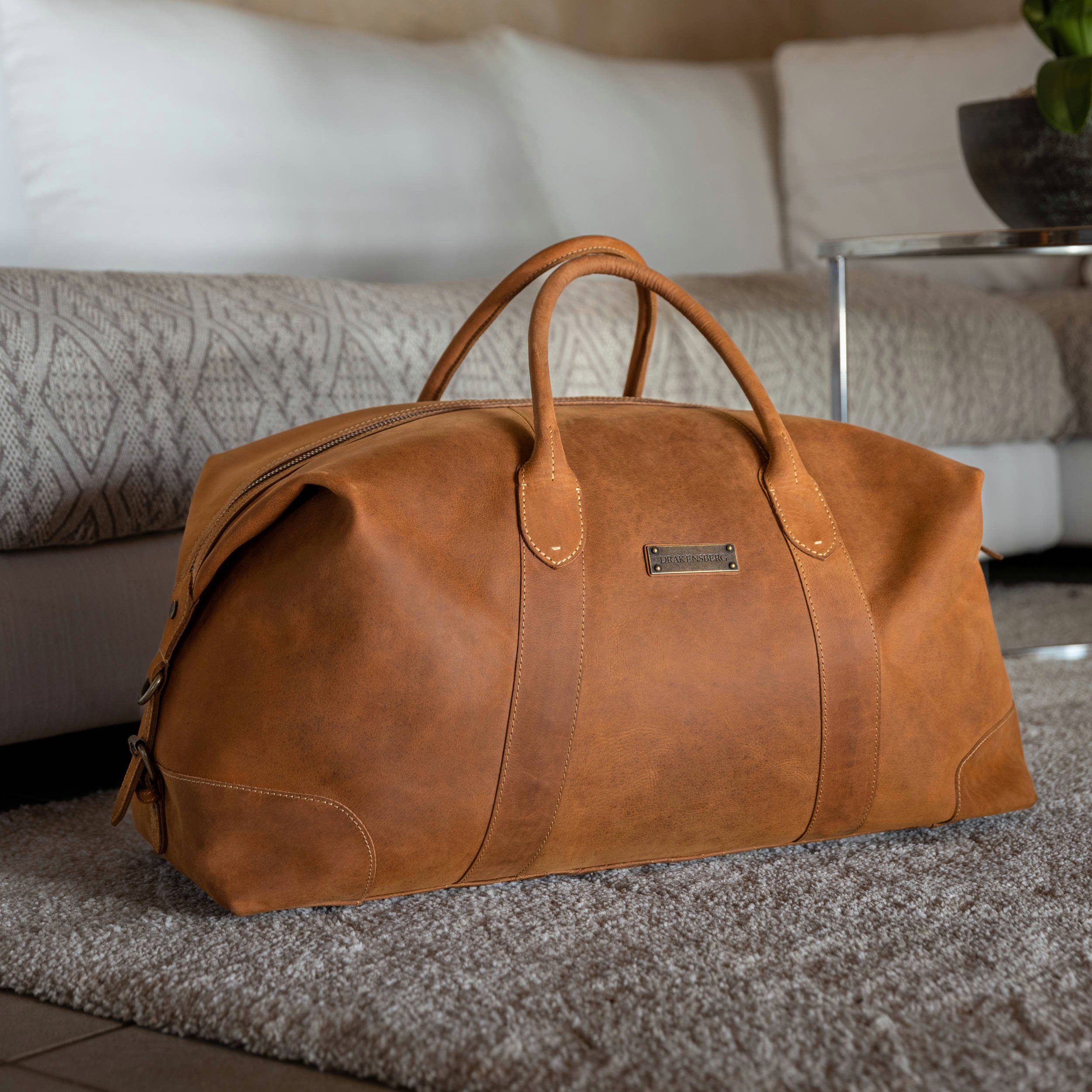 DRAKENSBERG Reisetasche Weekender David Cognac-Braun, aus vollnarbigem Premium Leder für Herren und Damen im Vintage-Design